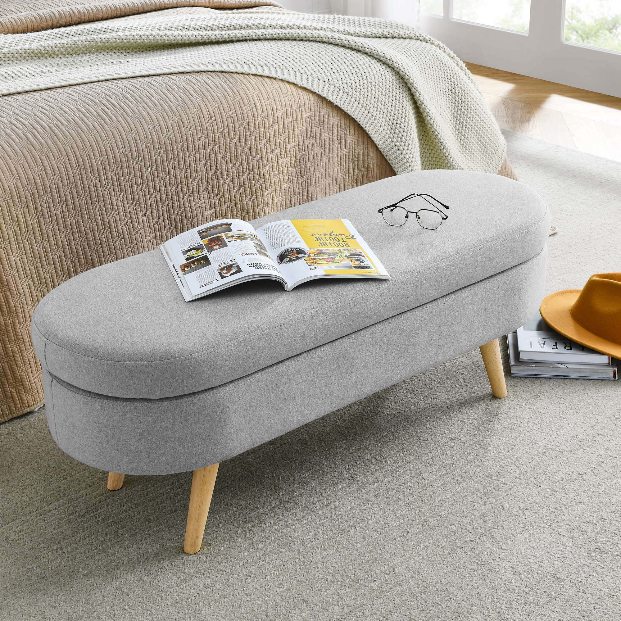 Ottoman Oval Storage Bench, Rubber Wood Legs, Grey(43.5"x16"x16") - Image 4