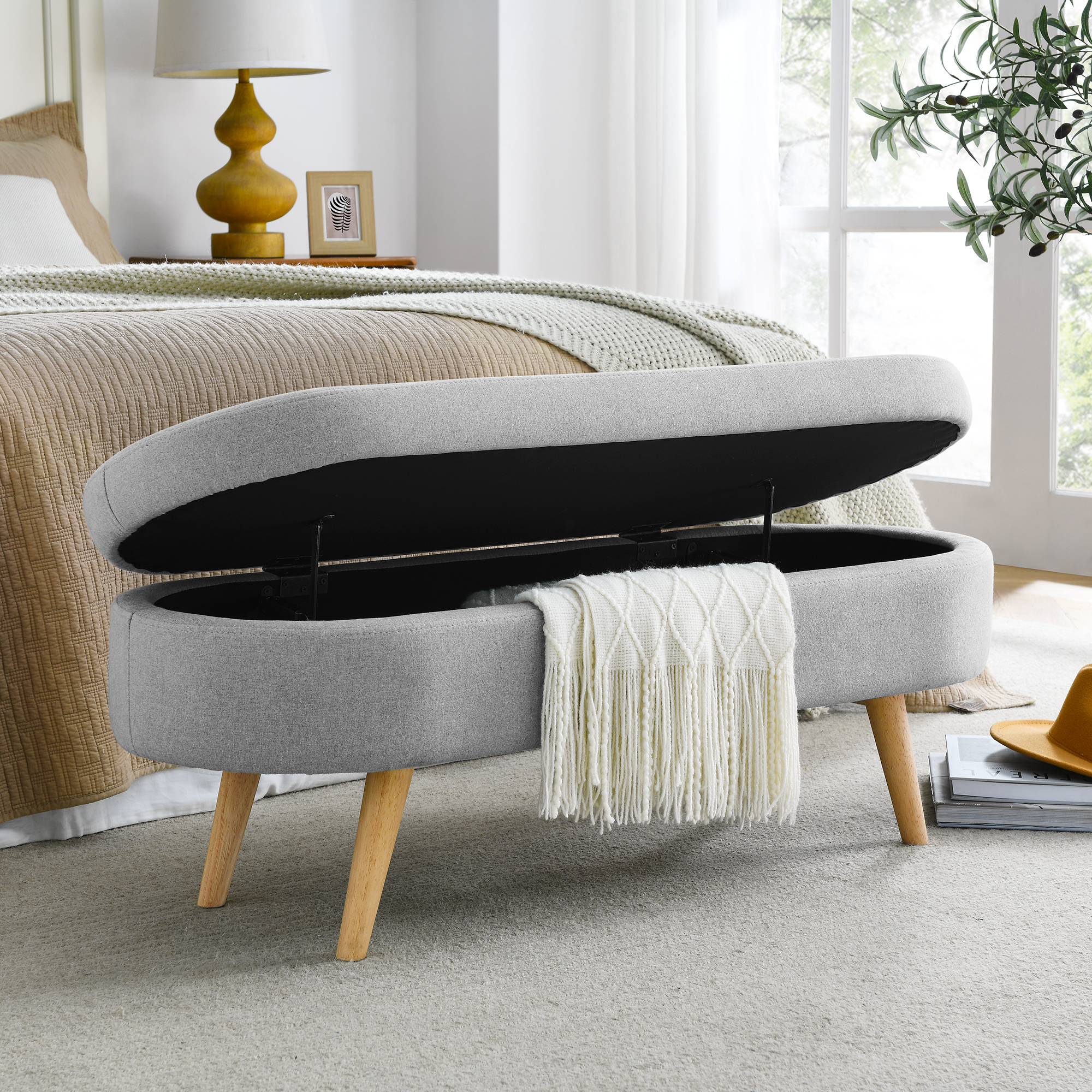 Ottoman Oval Storage Bench, Rubber Wood Legs, Grey(43.5"x16"x16") - Image 5