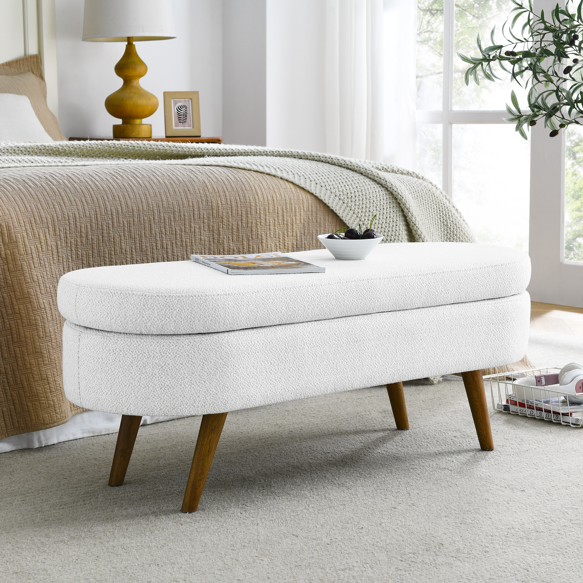 Ottoman Oval Storage Bench,Rubber Wood Legs,White(43.5"x16"x16") - Image 2