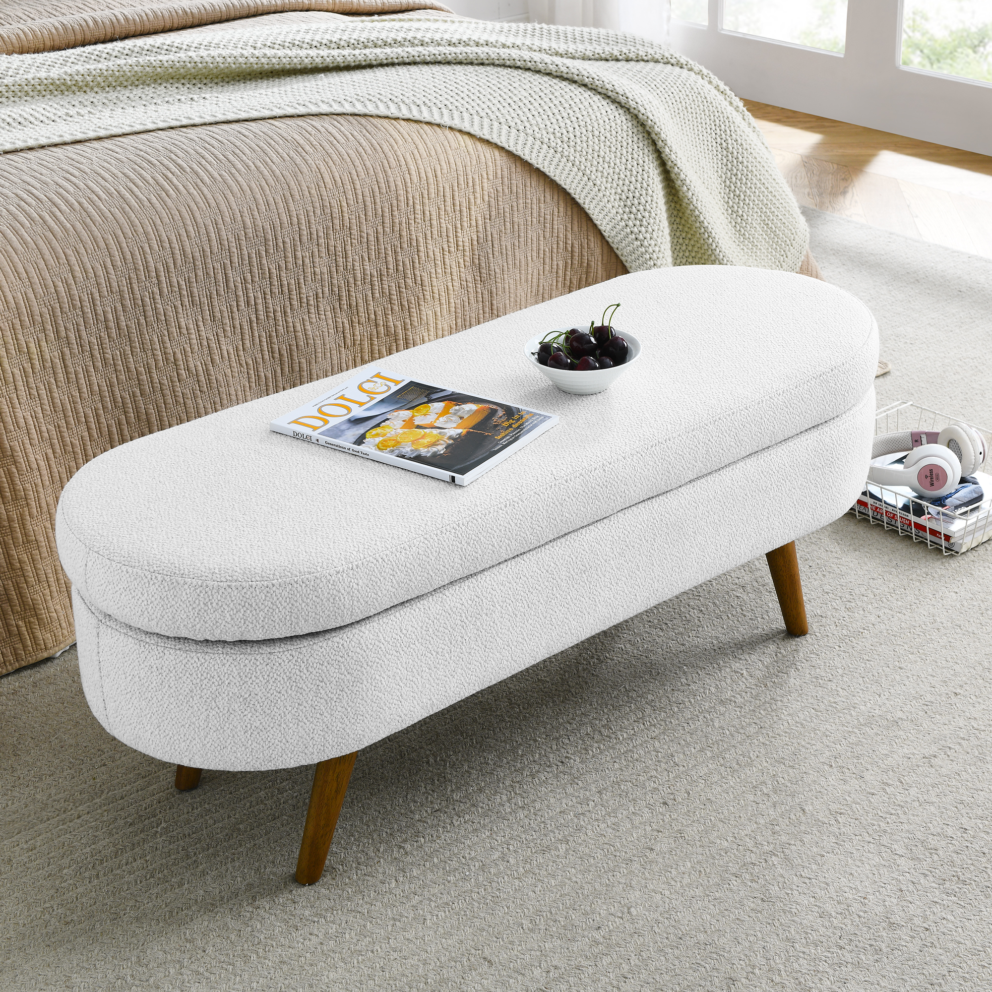 Ottoman Oval Storage Bench,Rubber Wood Legs,White(43.5"x16"x16") - Image 3