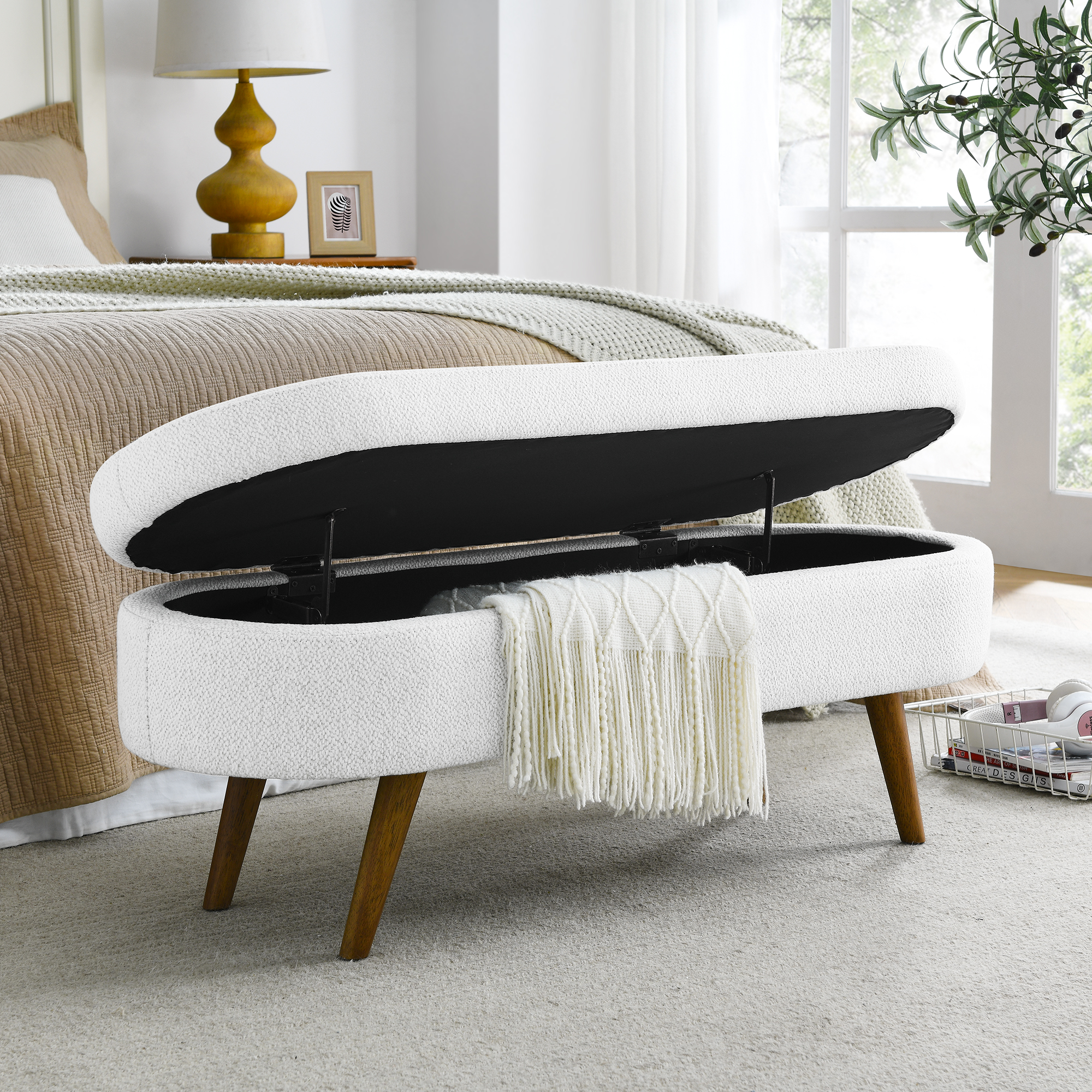 Ottoman Oval Storage Bench,Rubber Wood Legs,White(43.5"x16"x16") - Image 4