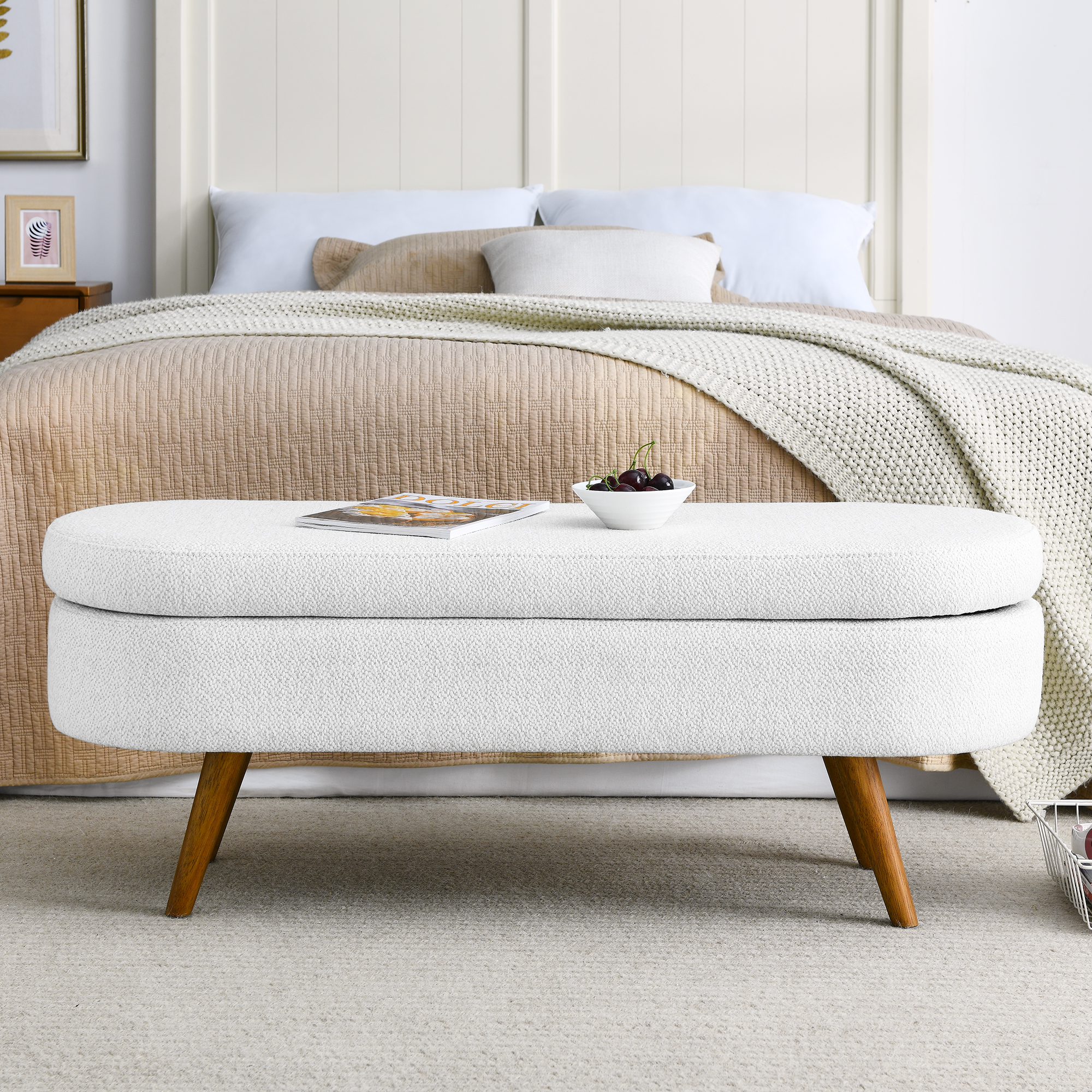 Ottoman Oval Storage Bench,Rubber Wood Legs,White(43.5"x16"x16") - Image 5
