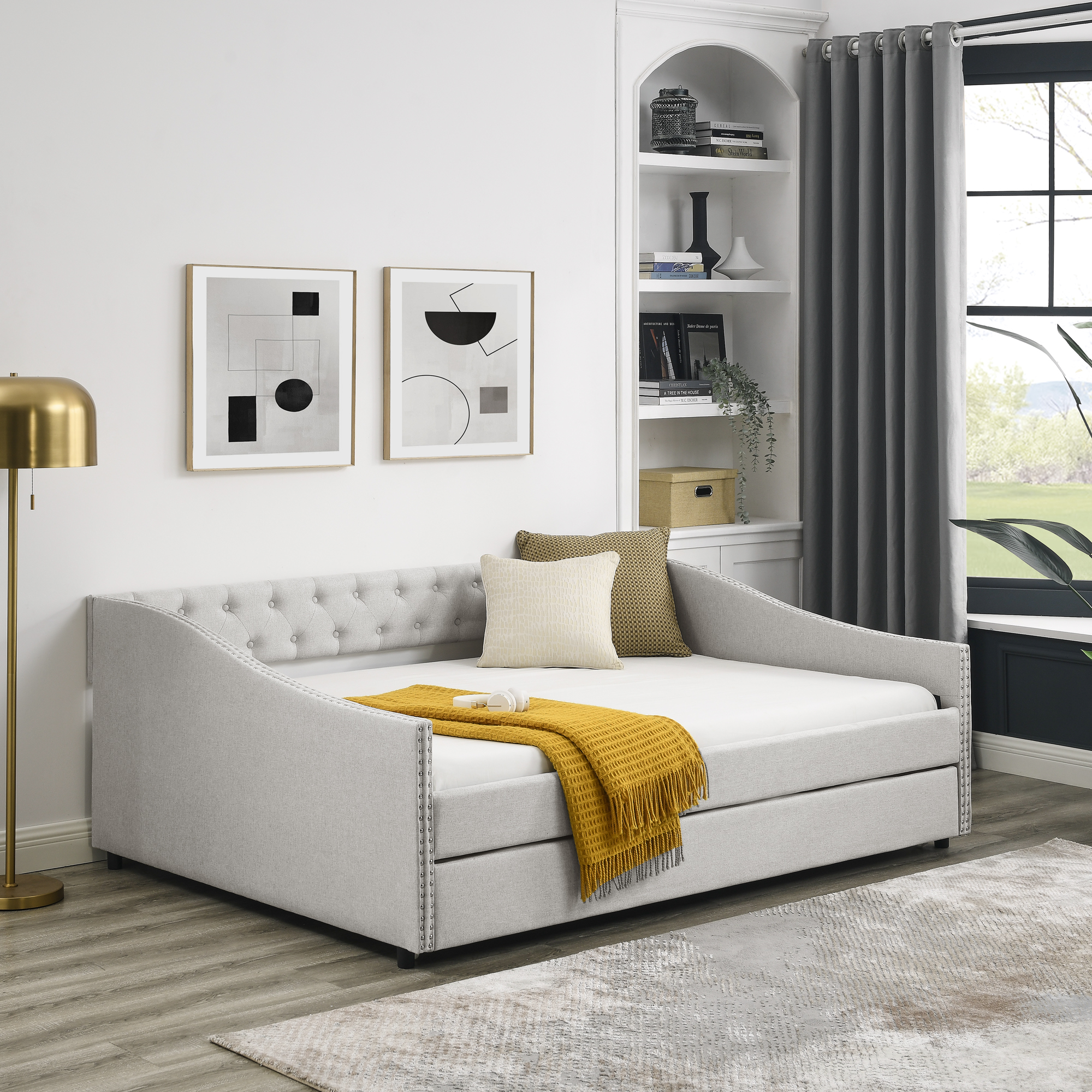 Full Size Daybed with Twin Size Trundle Upholstered Tufted Sofa Bed, with Button on Back and Copper Nail on Waved Shape Arms,Beige (80.5"x55.5"x27.5") - Image 2