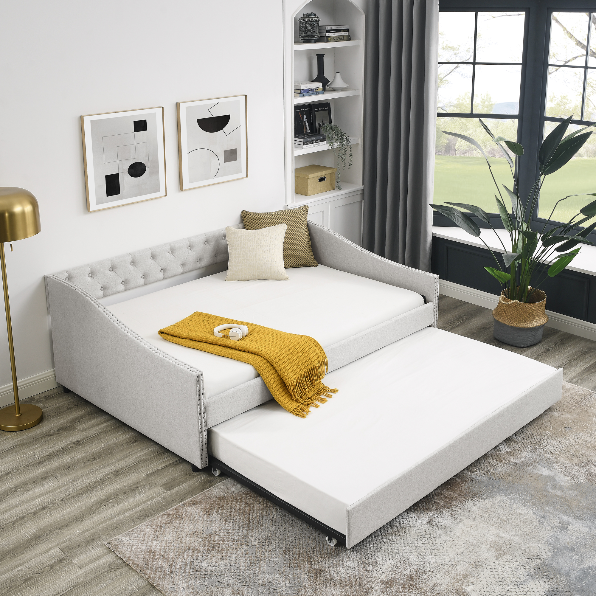 Full Size Daybed with Twin Size Trundle Upholstered Tufted Sofa Bed, with Button on Back and Copper Nail on Waved Shape Arms,Beige (80.5"x55.5"x27.5") - Image 3