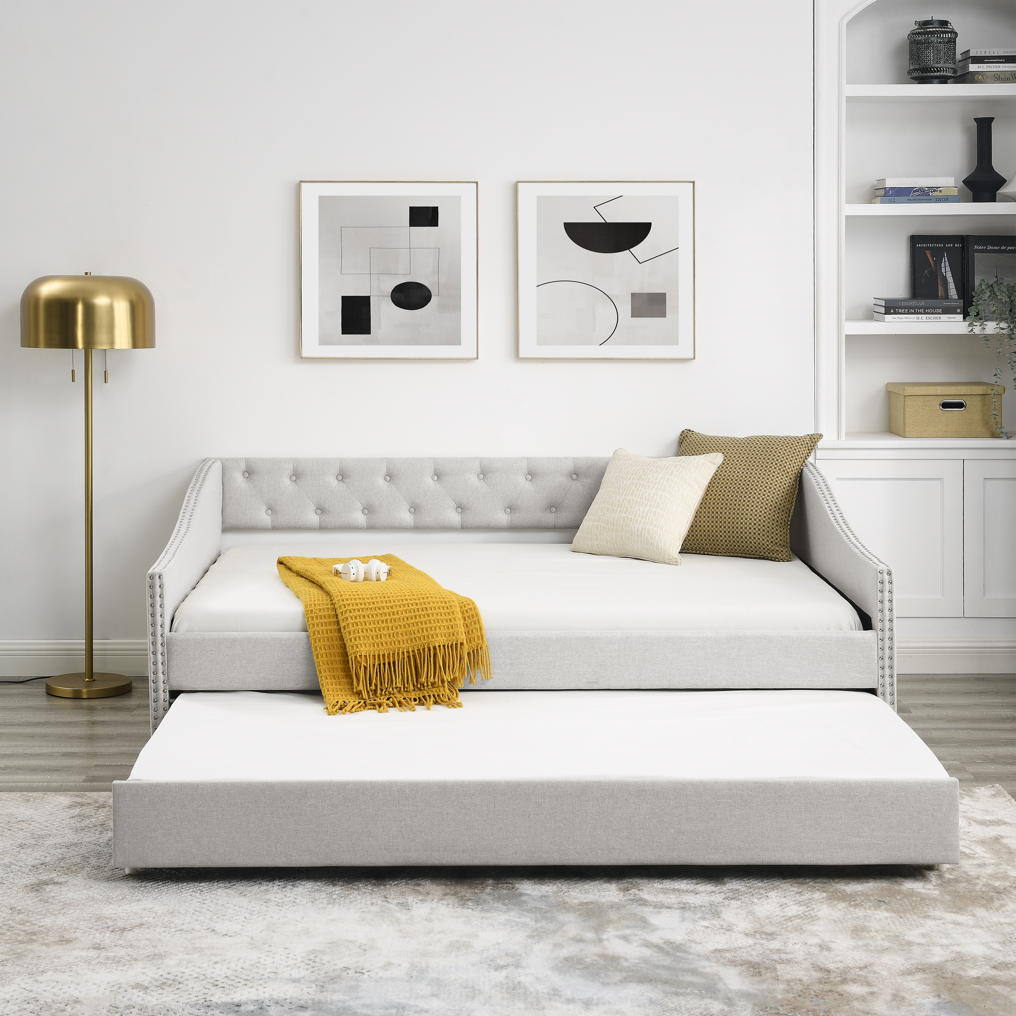 Full Size Daybed with Twin Size Trundle Upholstered Tufted Sofa Bed, with Button on Back and Copper Nail on Waved Shape Arms,Beige (80.5"x55.5"x27.5") - Image 4
