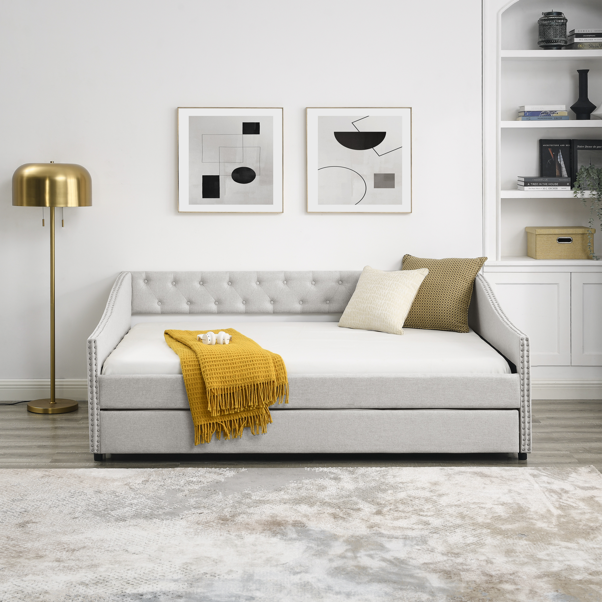 Full Size Daybed with Twin Size Trundle Upholstered Tufted Sofa Bed, with Button on Back and Copper Nail on Waved Shape Arms,Beige (80.5"x55.5"x27.5") - Image 5