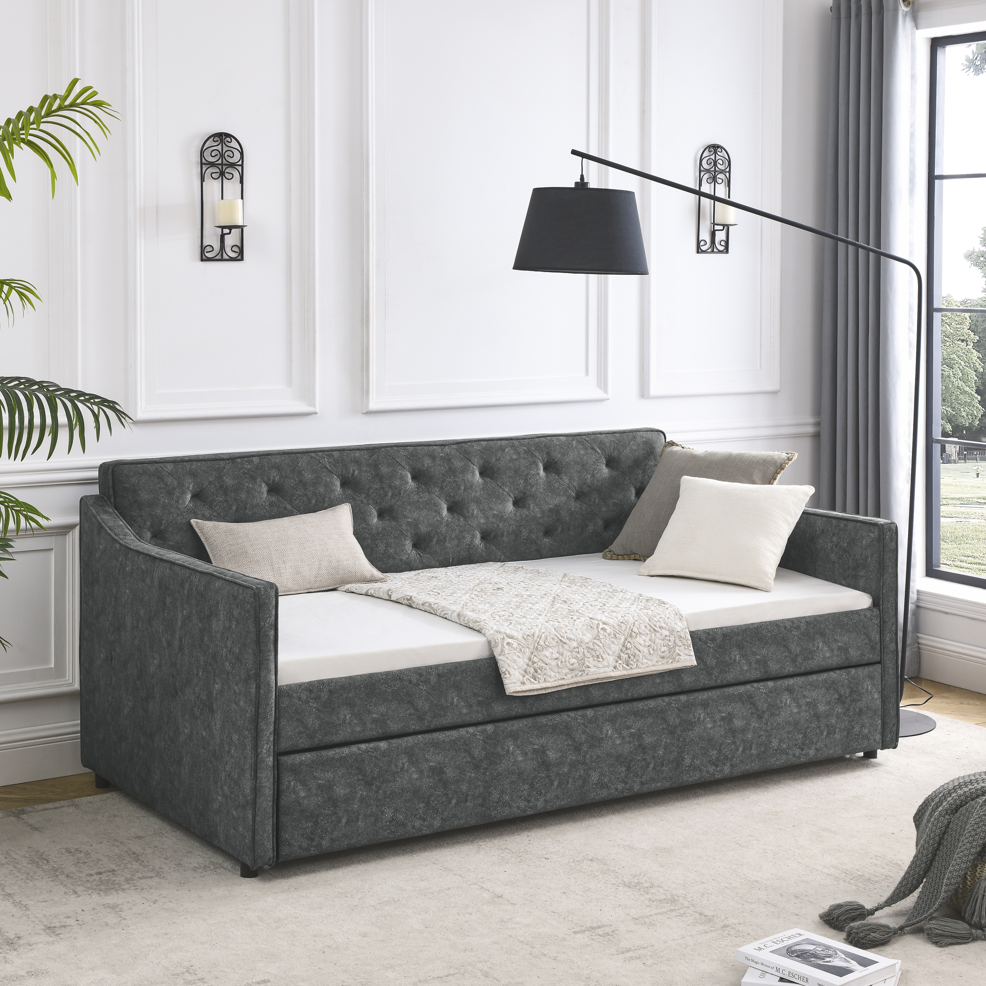 Twin Size Daybed with Twin Size Trundle Upholstered Tufted Sofa Bed, Waved Shape Arms, Grey (80.5"x44.5"x33.5") - Image 2