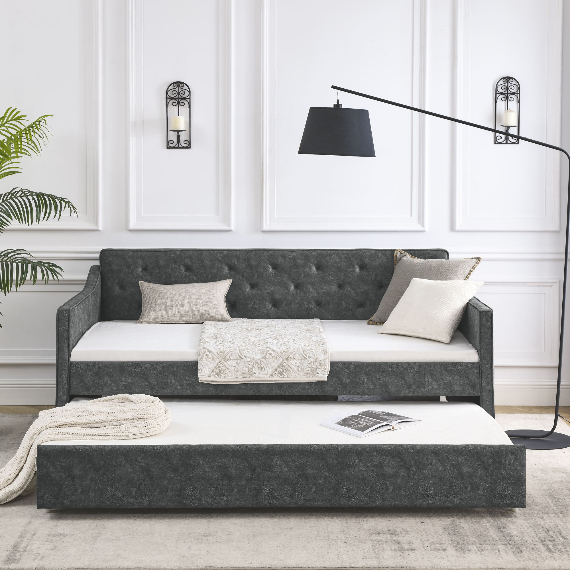 Twin Size Daybed with Twin Size Trundle Upholstered Tufted Sofa Bed, Waved Shape Arms, Grey (80.5"x44.5"x33.5") - Image 3