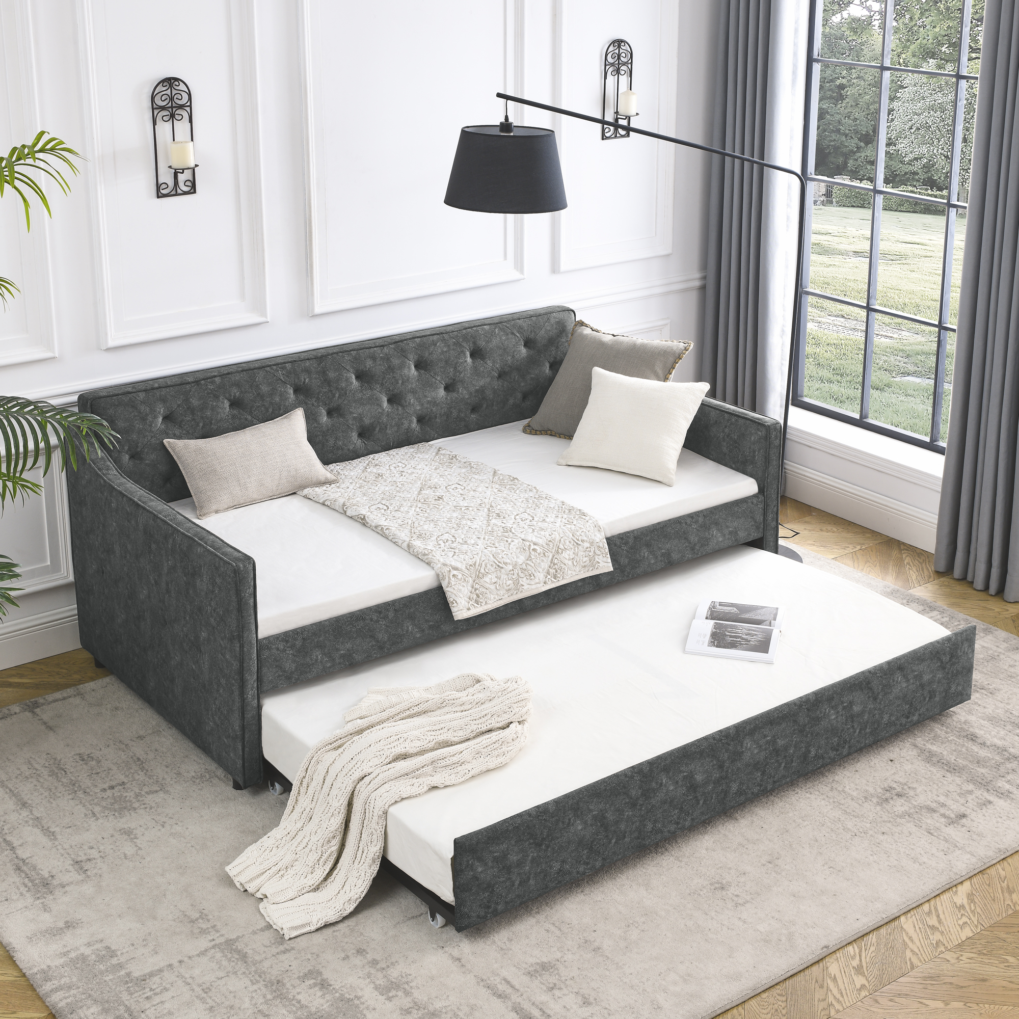 Twin Size Daybed with Twin Size Trundle Upholstered Tufted Sofa Bed, Waved Shape Arms, Grey (80.5"x44.5"x33.5") - Image 4