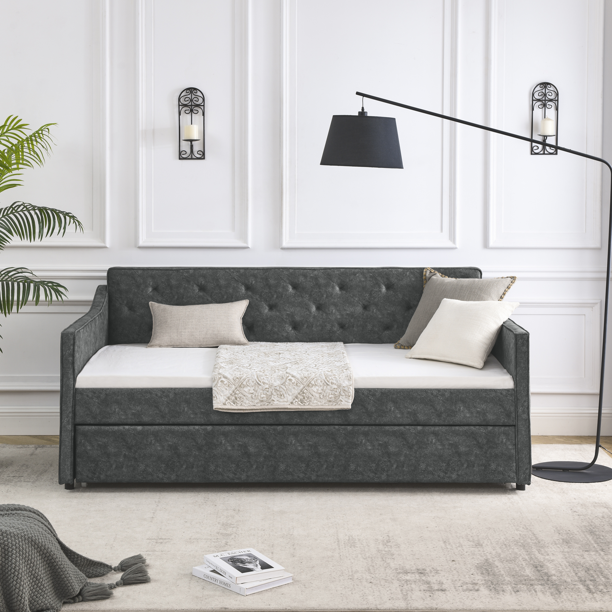 Twin Size Daybed with Twin Size Trundle Upholstered Tufted Sofa Bed, Waved Shape Arms, Grey (80.5"x44.5"x33.5") - Image 5