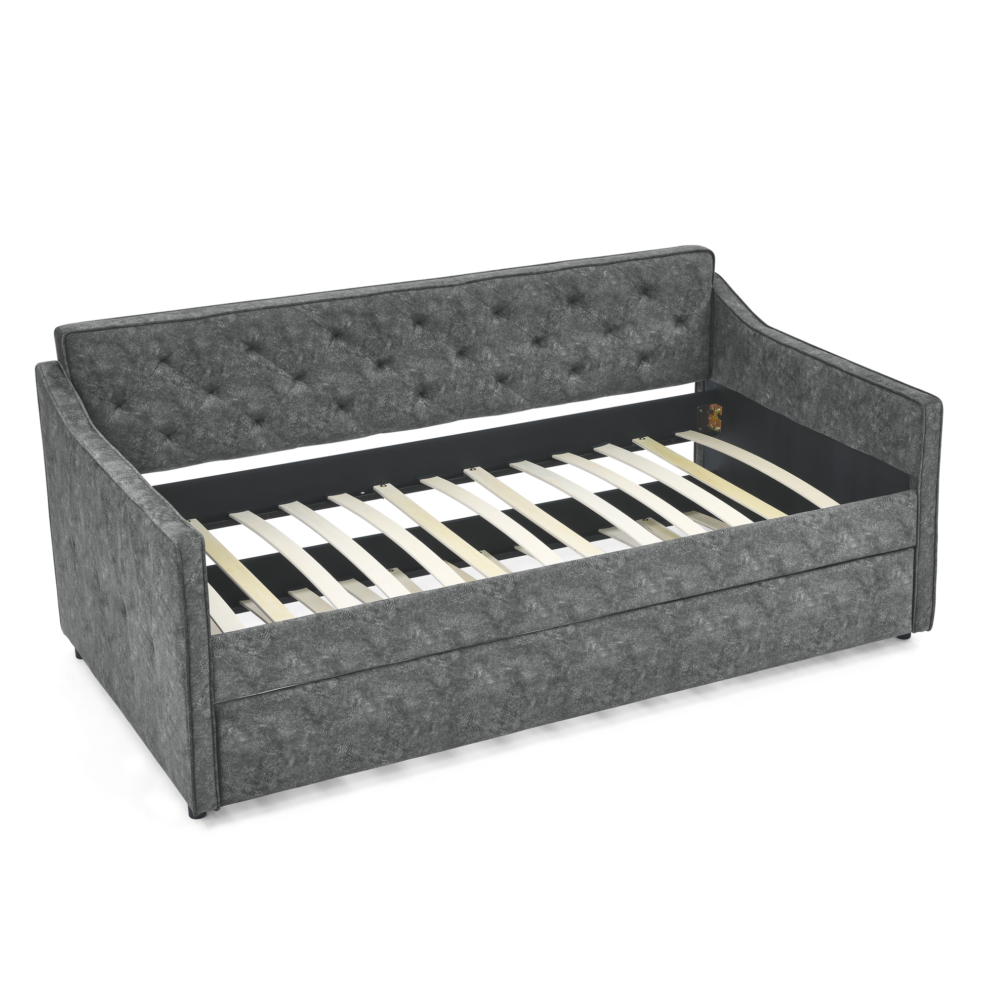 Twin Size Daybed with Twin Size Trundle Upholstered Tufted Sofa Bed, Waved Shape Arms, Grey (80.5"x44.5"x33.5") - Image 6