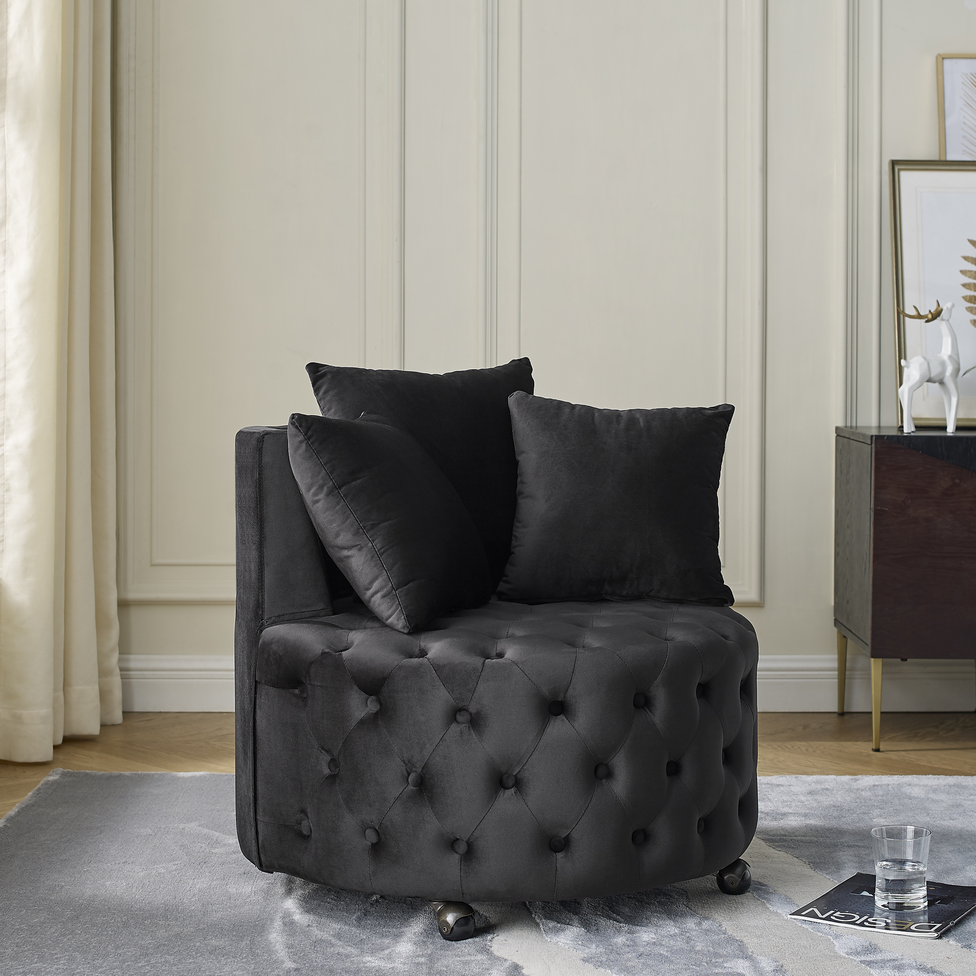 Velvet Upholstered Swivel Chair for Living Room, with Button Tufted Design and Movable Wheels, Including 3 Pillows, Black - Image 2