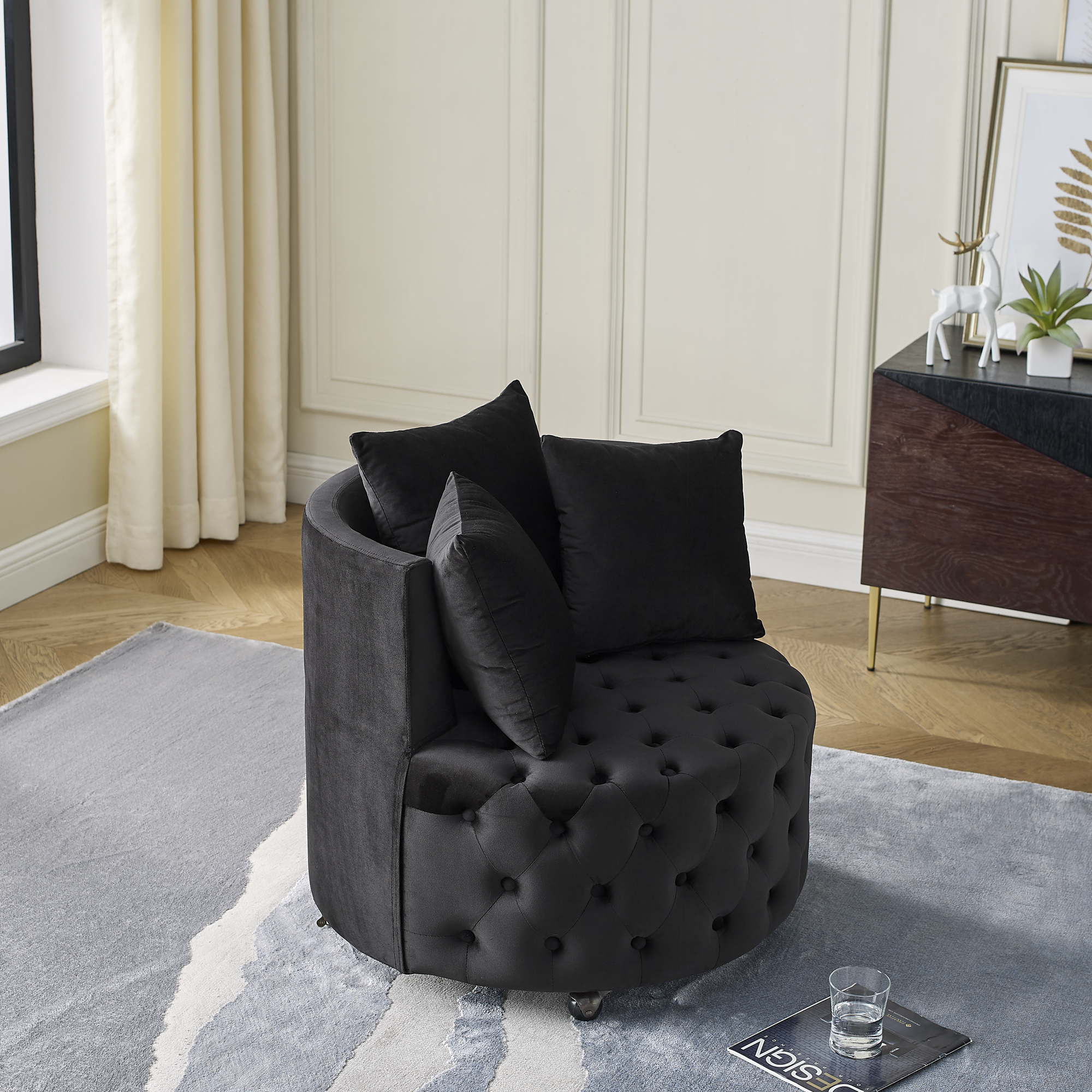 Velvet Upholstered Swivel Chair for Living Room, with Button Tufted Design and Movable Wheels, Including 3 Pillows, Black - Image 3