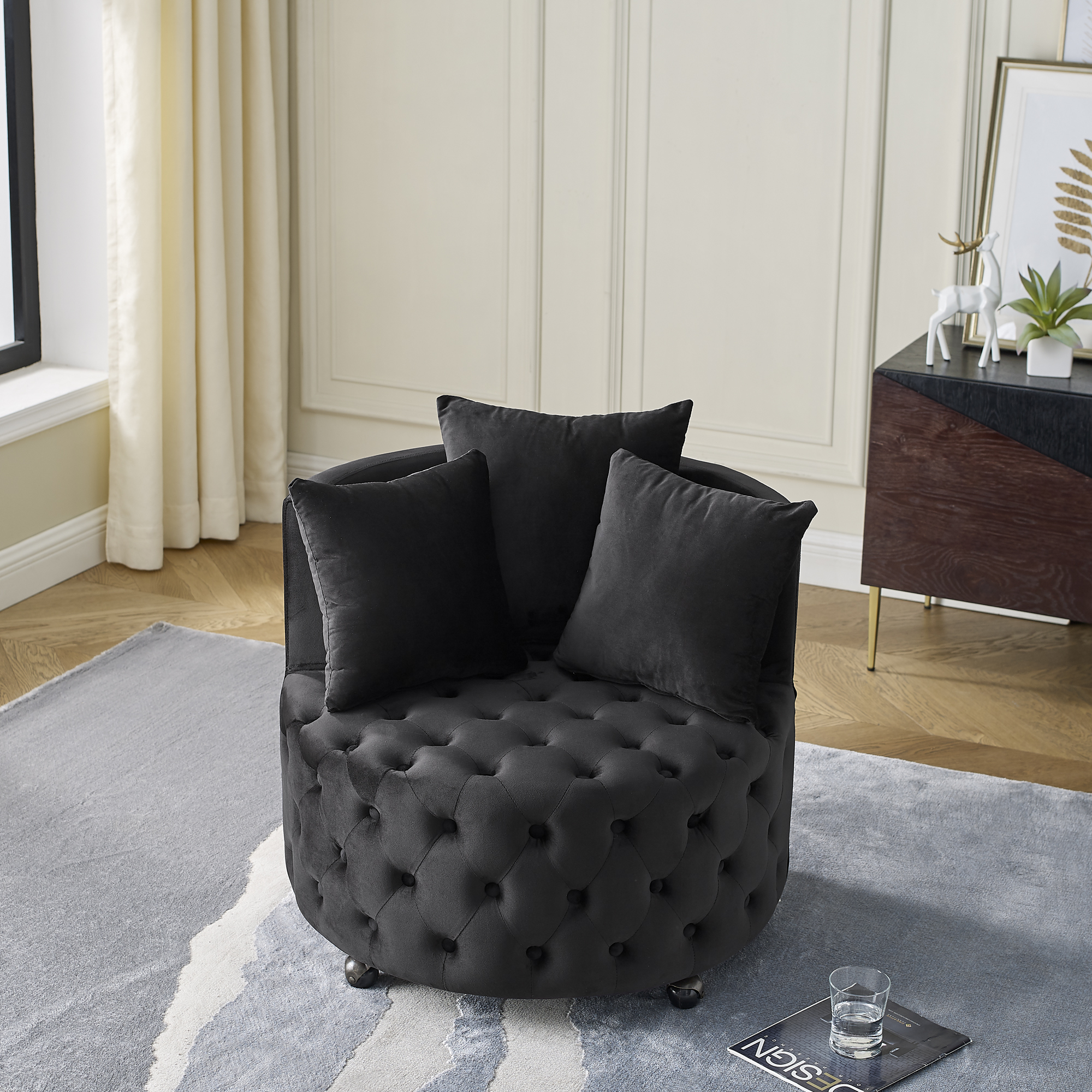 Velvet Upholstered Swivel Chair for Living Room, with Button Tufted Design and Movable Wheels, Including 3 Pillows, Black - Image 4