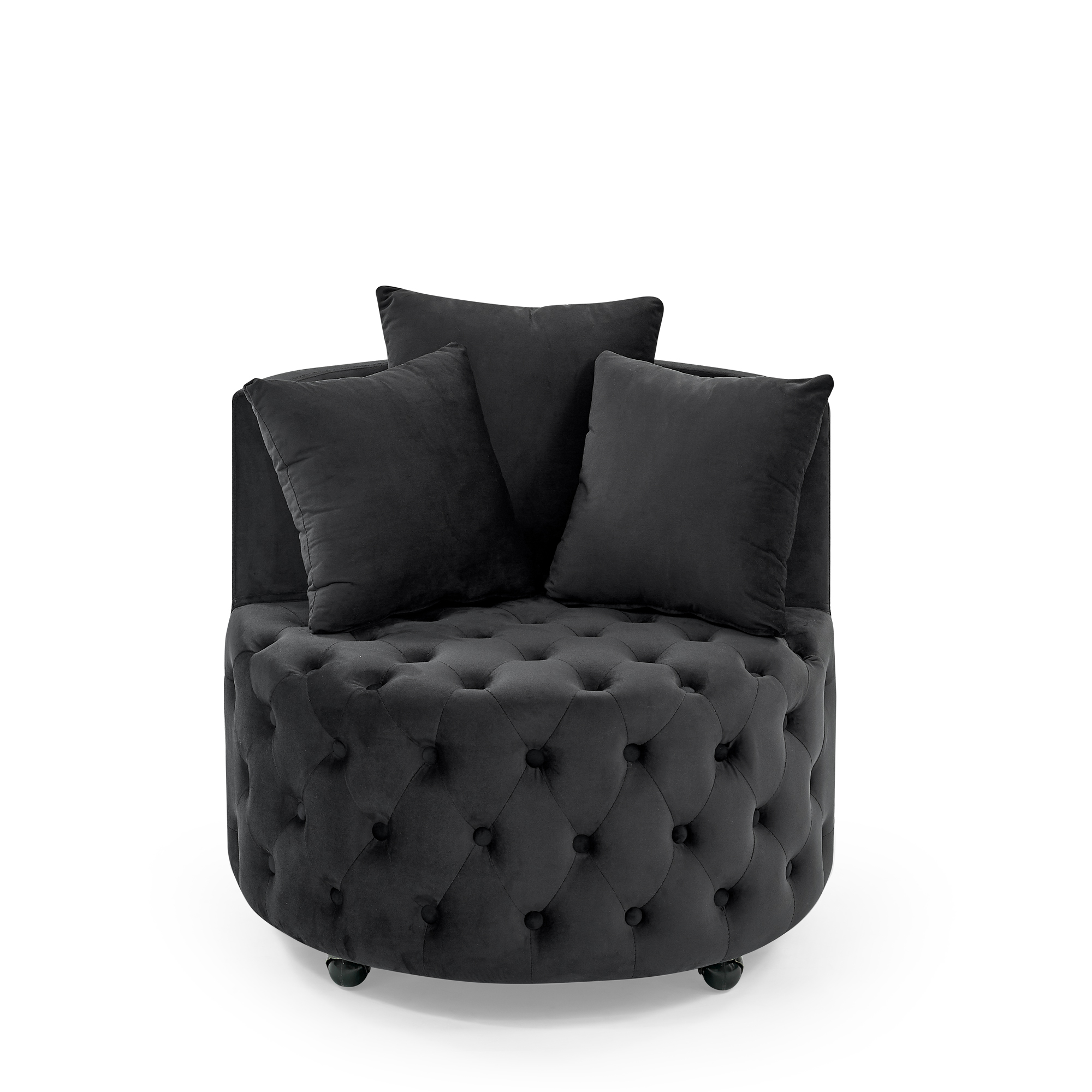 Velvet Upholstered Swivel Chair for Living Room, with Button Tufted Design and Movable Wheels, Including 3 Pillows, Black - Image 5