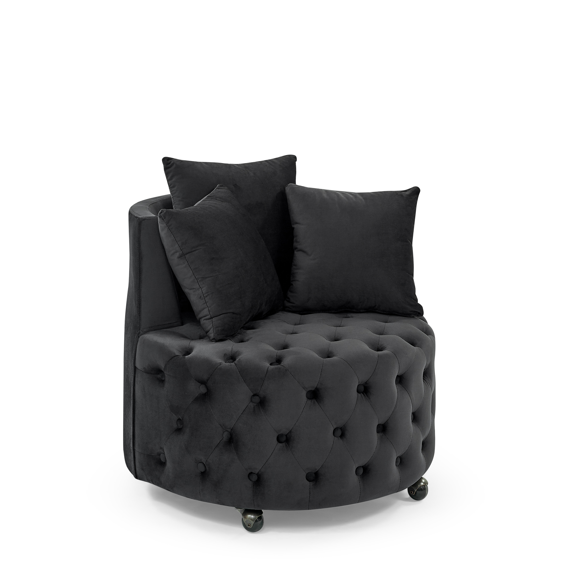 Velvet Upholstered Swivel Chair for Living Room, with Button Tufted Design and Movable Wheels, Including 3 Pillows, Black - Image 6