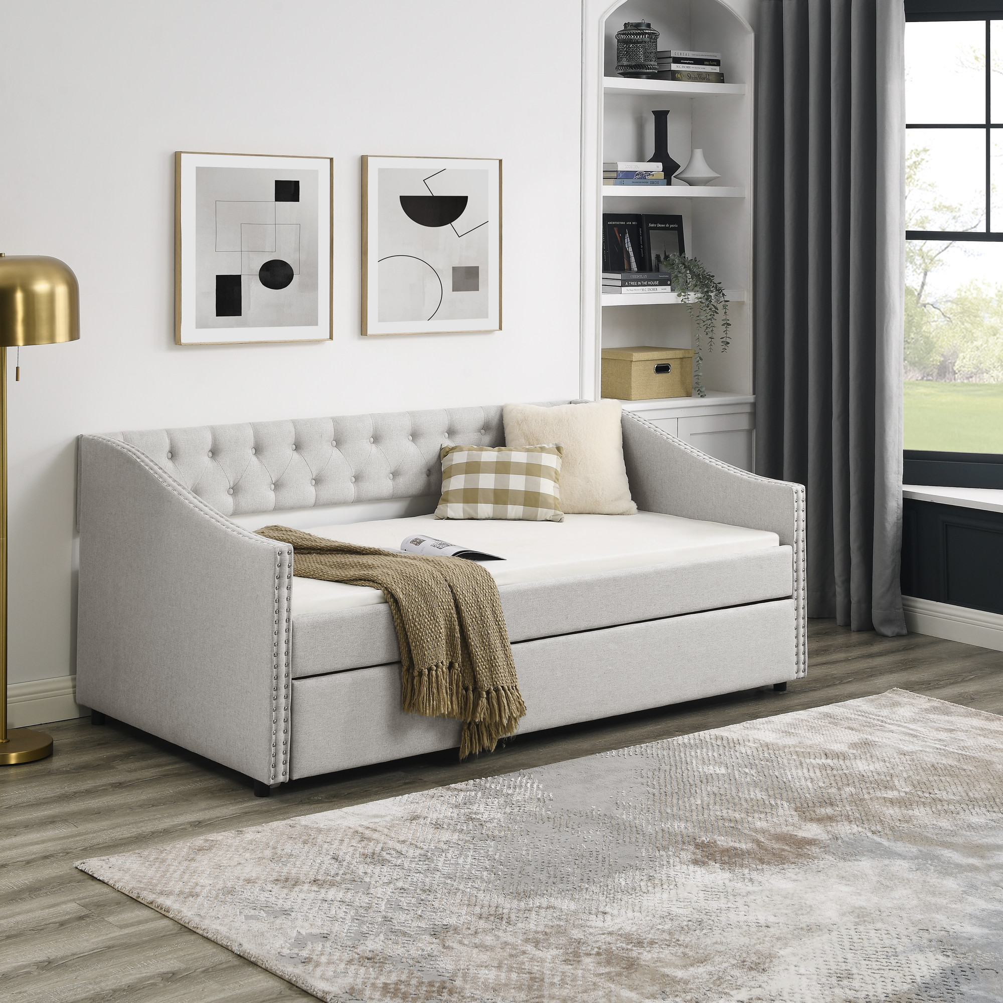 Twin Size Daybed with Twin Size Trundle Upholstered Tufted Sofa Bed, with Button on Back and Copper Nail on Waved Shape Arms, Beige (80.5"x41"x30.5") - Image 2