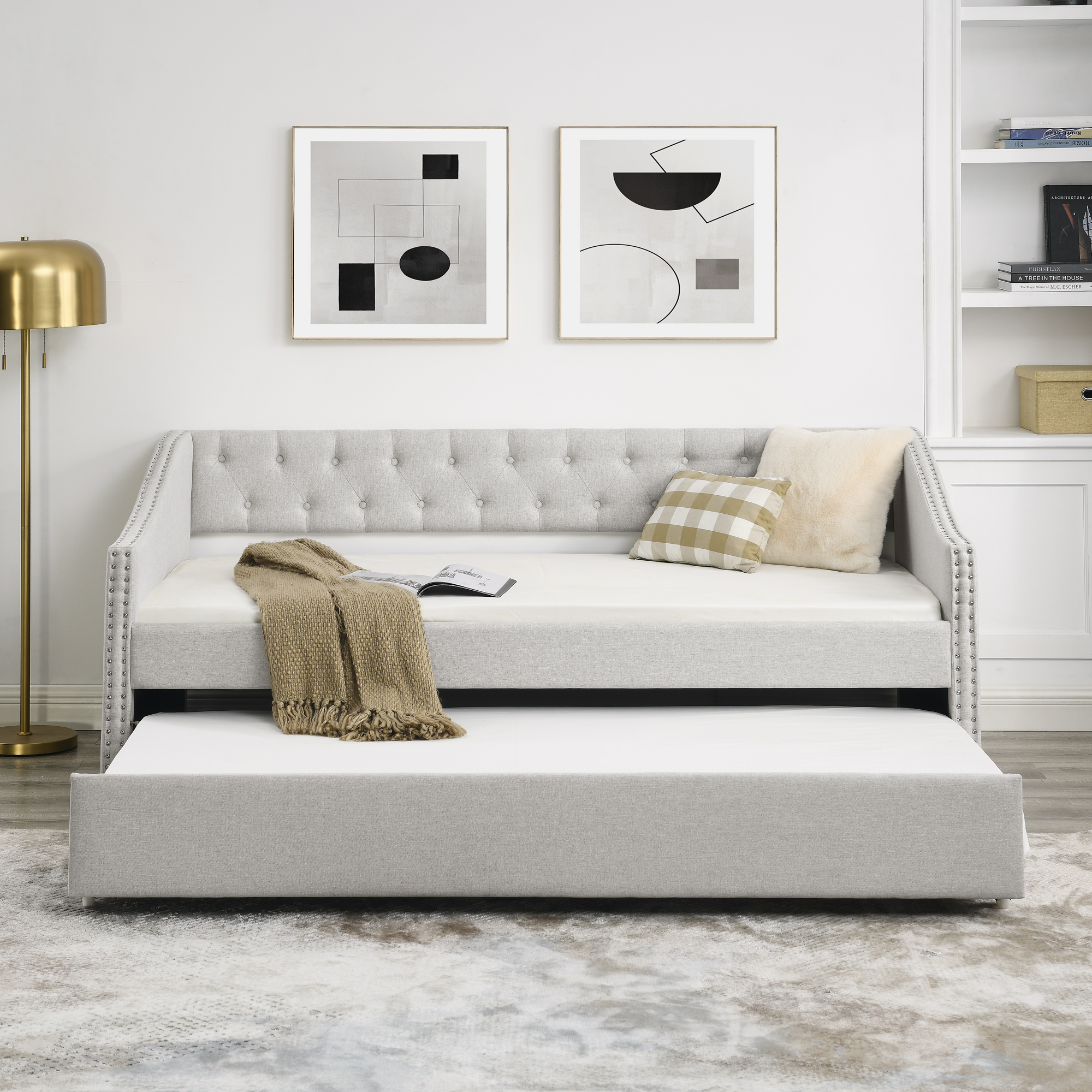 Twin Size Daybed with Twin Size Trundle Upholstered Tufted Sofa Bed, with Button on Back and Copper Nail on Waved Shape Arms, Beige (80.5"x41"x30.5") - Image 3