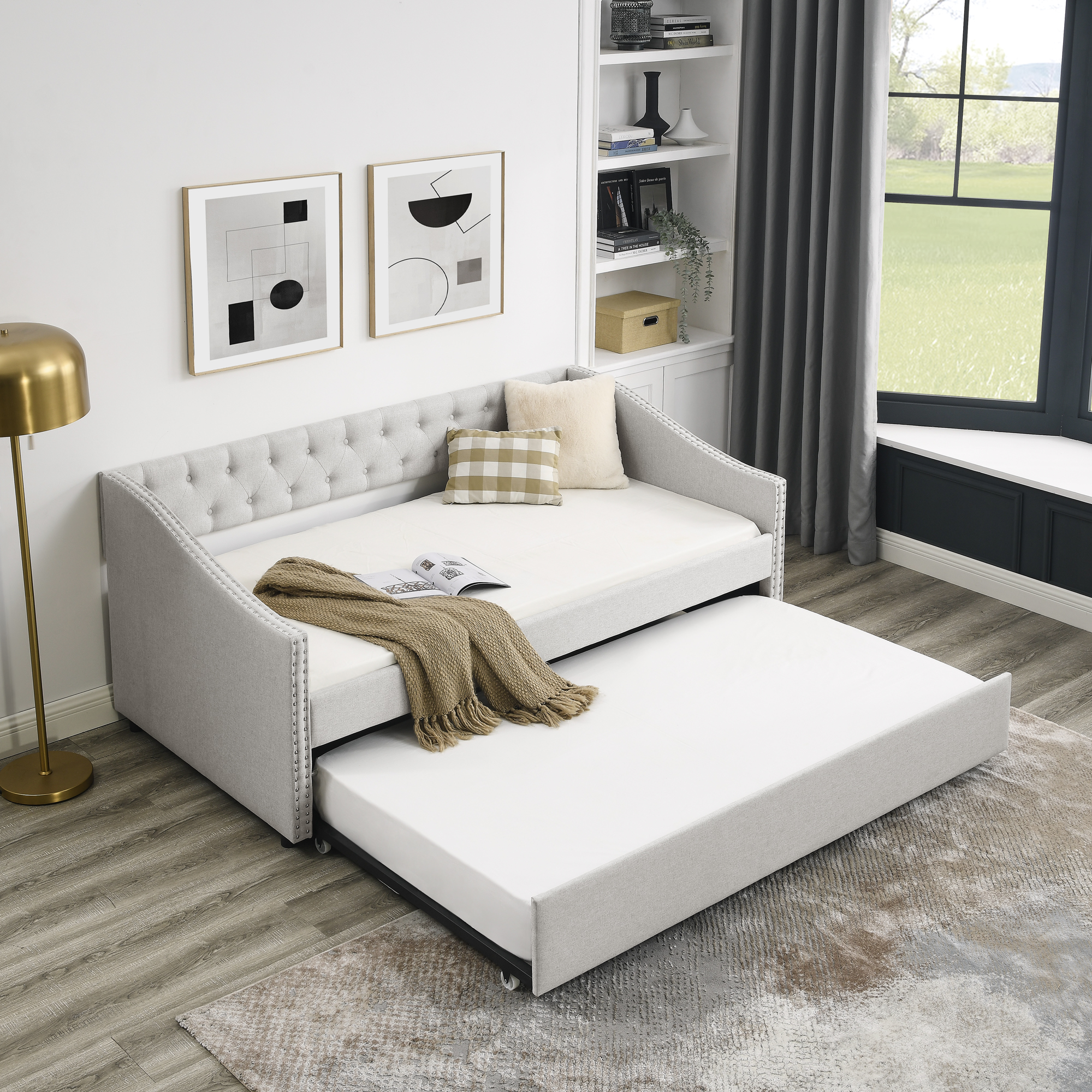 Twin Size Daybed with Twin Size Trundle Upholstered Tufted Sofa Bed, with Button on Back and Copper Nail on Waved Shape Arms, Beige (80.5"x41"x30.5") - Image 4
