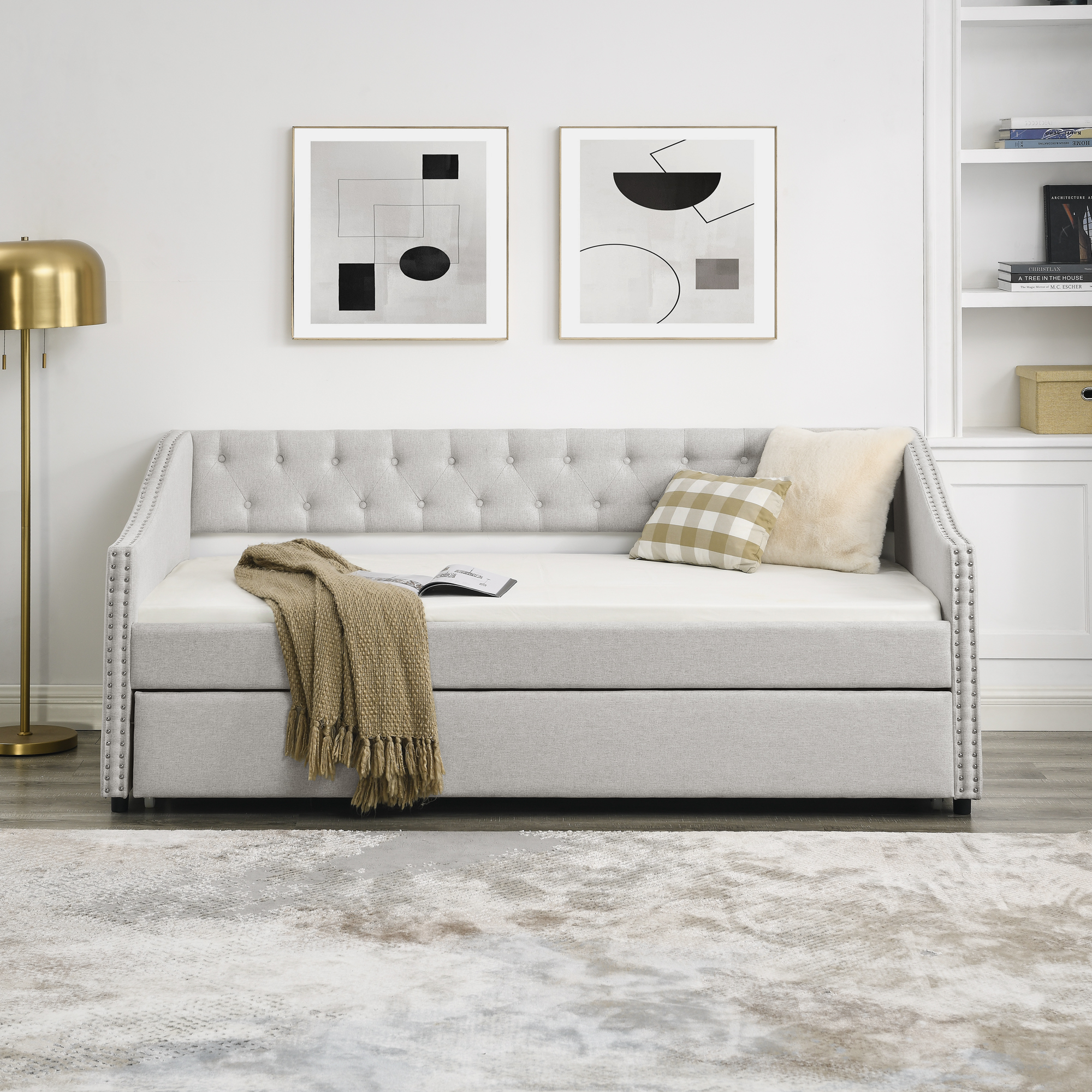 Twin Size Daybed with Twin Size Trundle Upholstered Tufted Sofa Bed, with Button on Back and Copper Nail on Waved Shape Arms, Beige (80.5"x41"x30.5") - Image 5