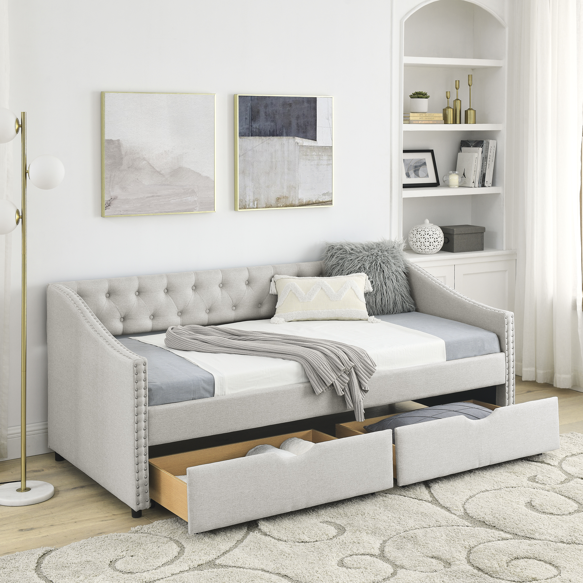 Twin Size Daybed with Drawers Upholstered Tufted Sofa Bed, with Button on Back and Copper Nail on Waved Shape Arms, Beige(81.5''x41''x30.5'') - Image 2