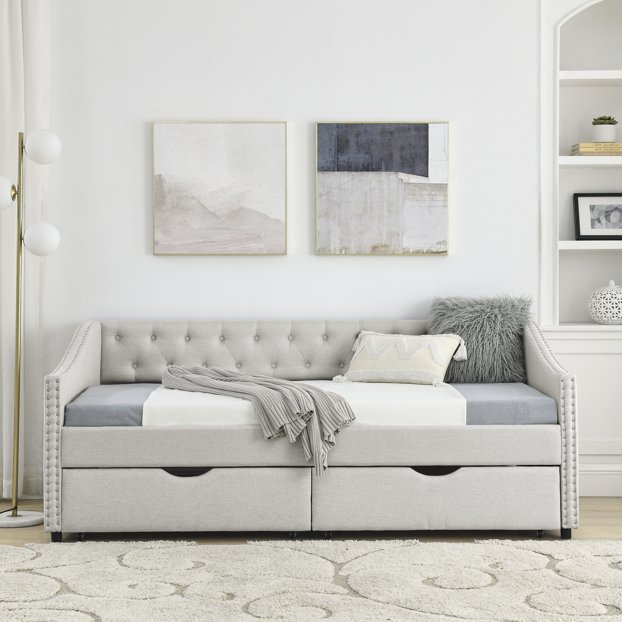 Twin Size Daybed with Drawers Upholstered Tufted Sofa Bed, with Button on Back and Copper Nail on Waved Shape Arms, Beige(81.5''x41''x30.5'') - Image 3
