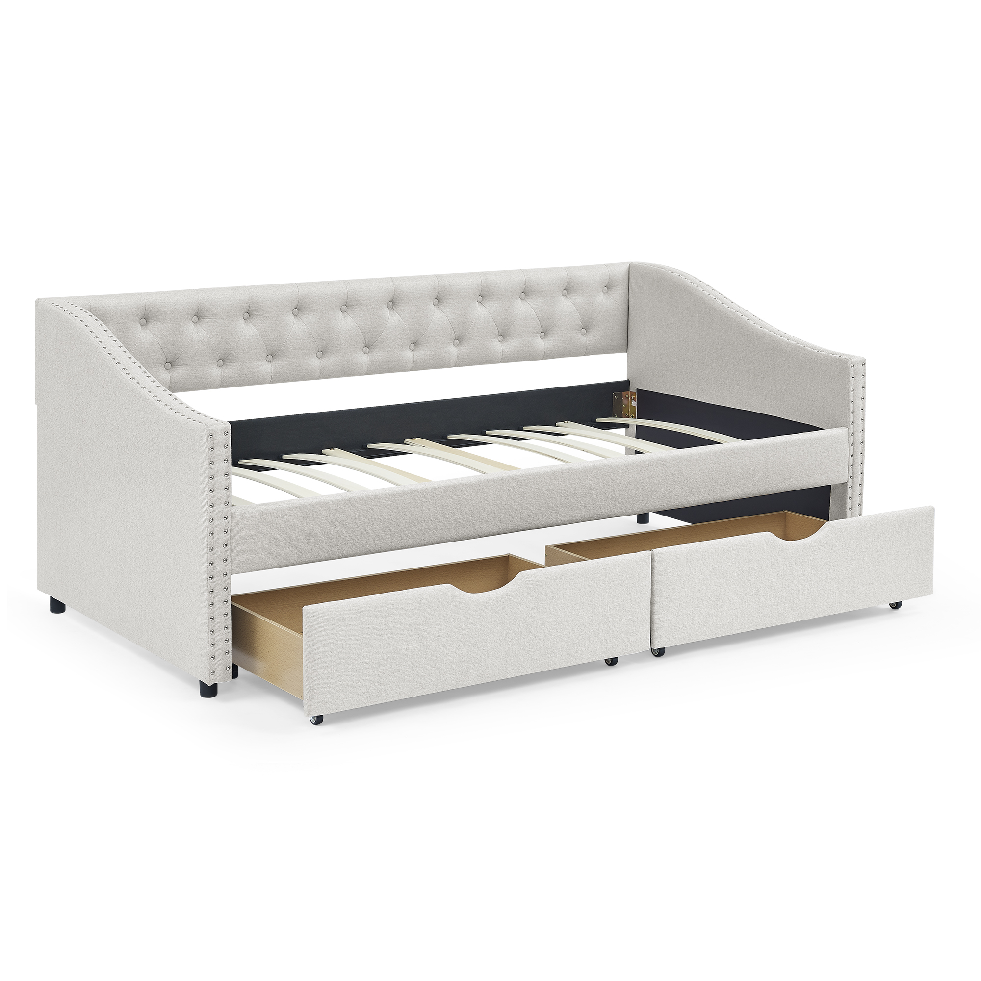 Twin Size Daybed with Drawers Upholstered Tufted Sofa Bed, with Button on Back and Copper Nail on Waved Shape Arms, Beige(81.5''x41''x30.5'') - Image 4