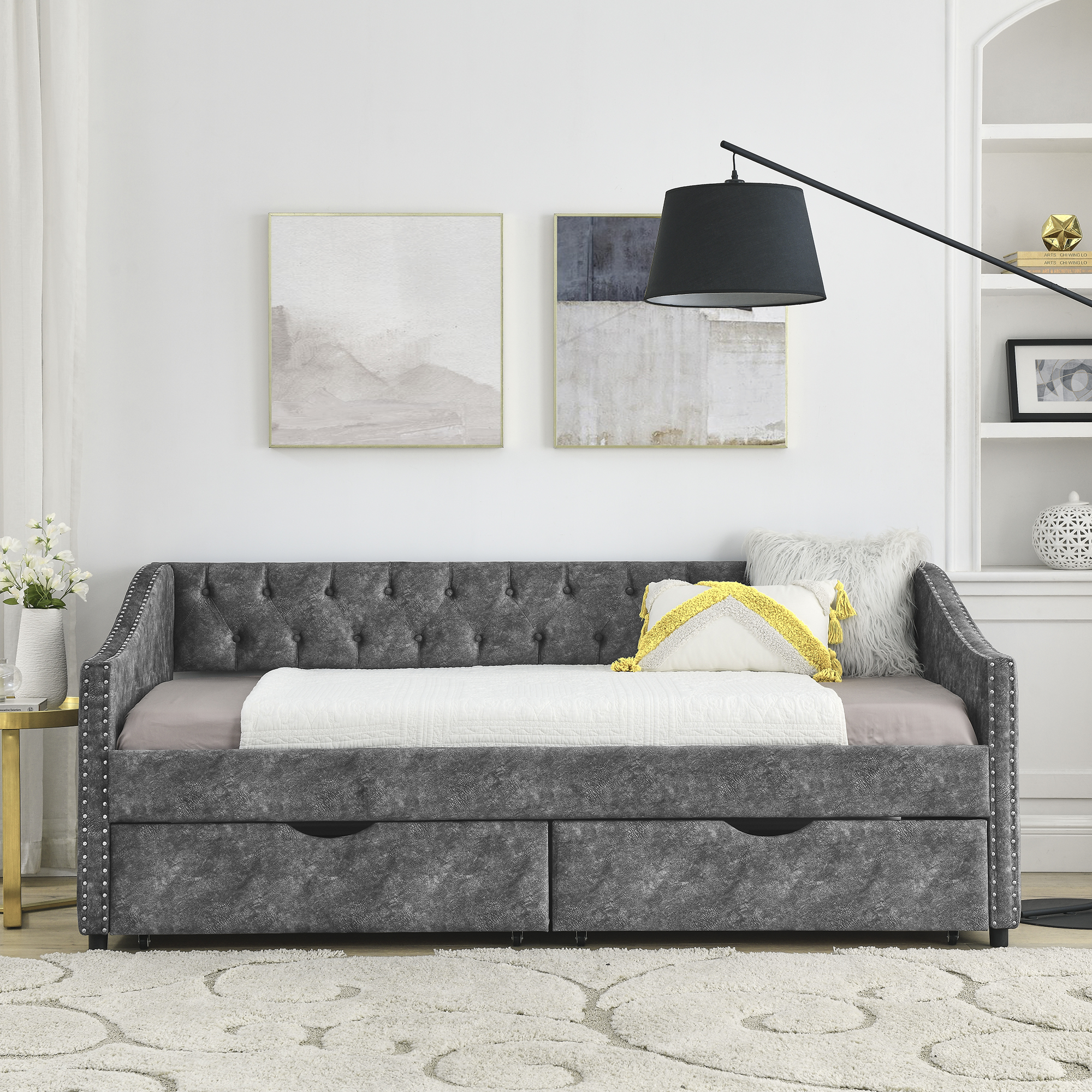 Twin Size Daybed with Drawers Upholstered Tufted Sofa Bed, with Button on Back and Copper Nail on Waved Shape Arms, Grey (81.5''x4''x30.5'') - Image 2