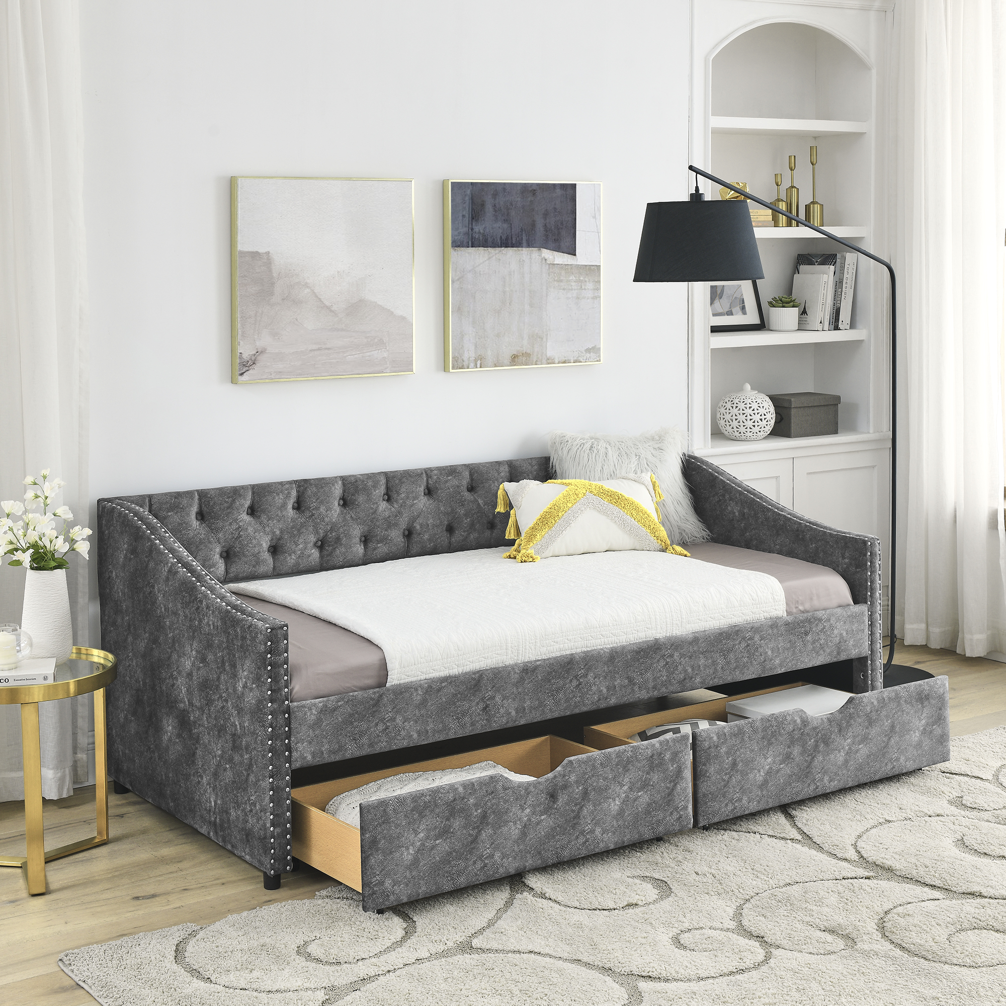 Twin Size Daybed with Drawers Upholstered Tufted Sofa Bed, with Button on Back and Copper Nail on Waved Shape Arms, Grey (81.5''x4''x30.5'') - Image 3