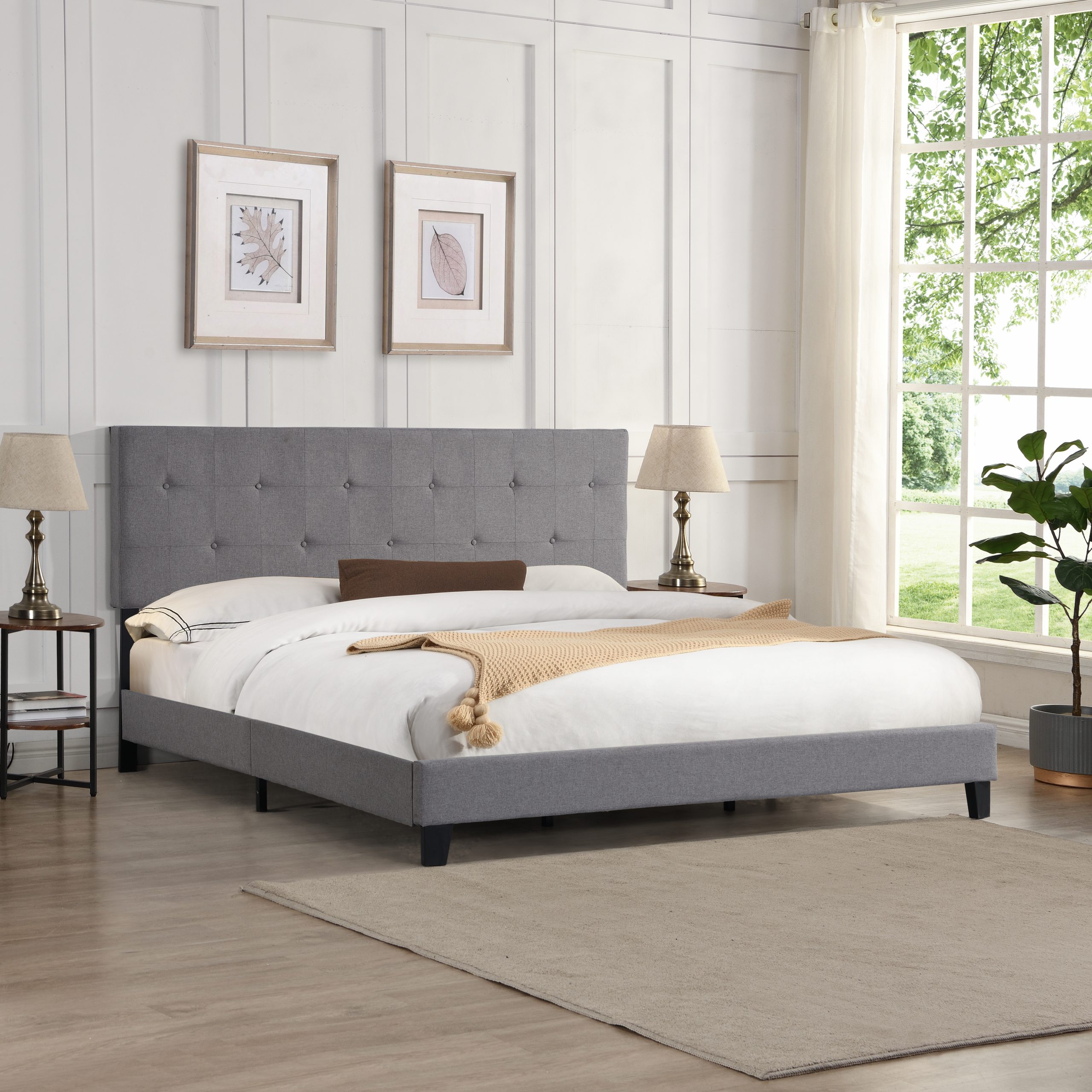 King Size Upholstered Platform Bed Frame with Button Tufted Linen Fabric Headboard, No Box Spring Needed, Wood Slat Support, Easy Assembly, Gray - Image 2