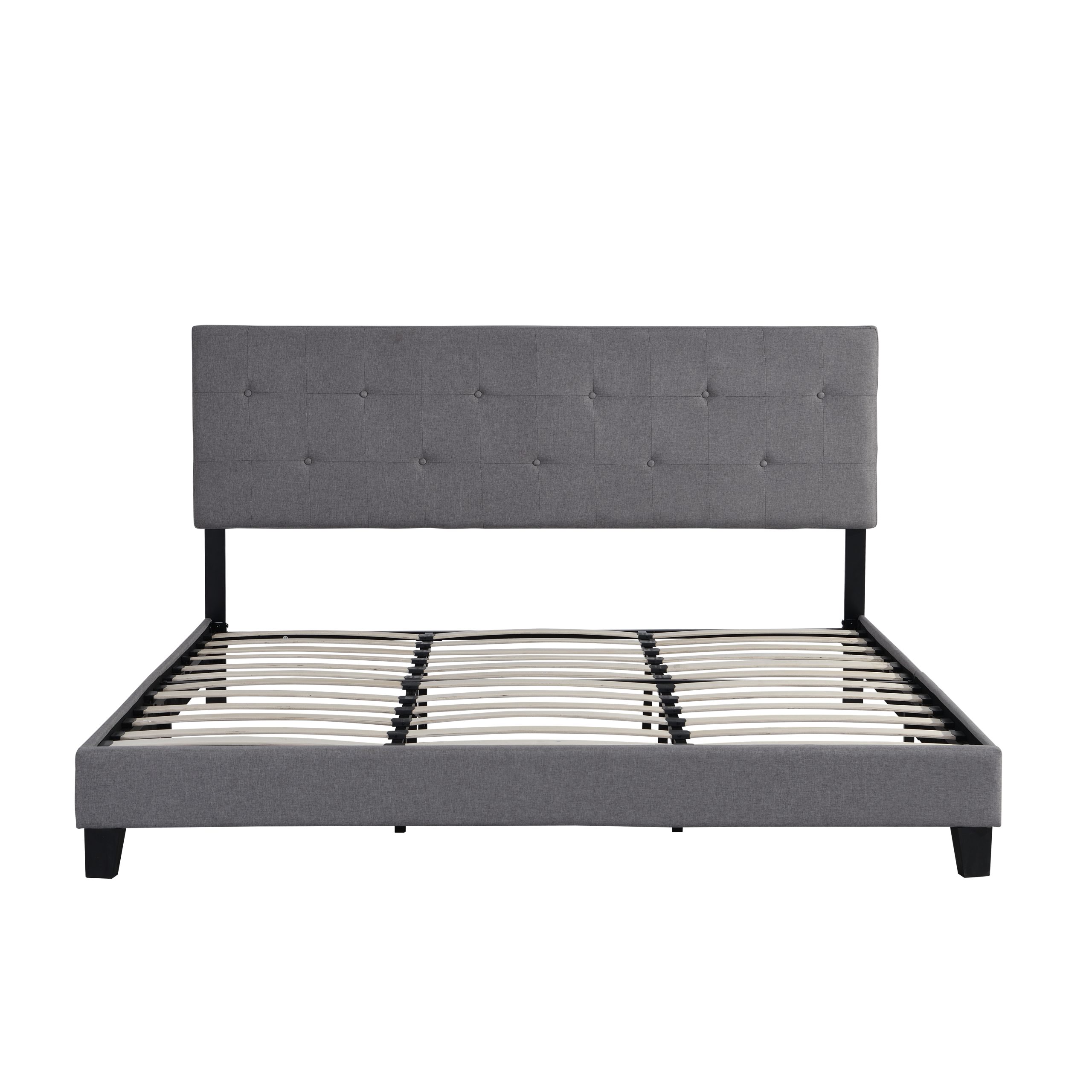 King Size Upholstered Platform Bed Frame with Button Tufted Linen Fabric Headboard, No Box Spring Needed, Wood Slat Support, Easy Assembly, Gray - Image 3