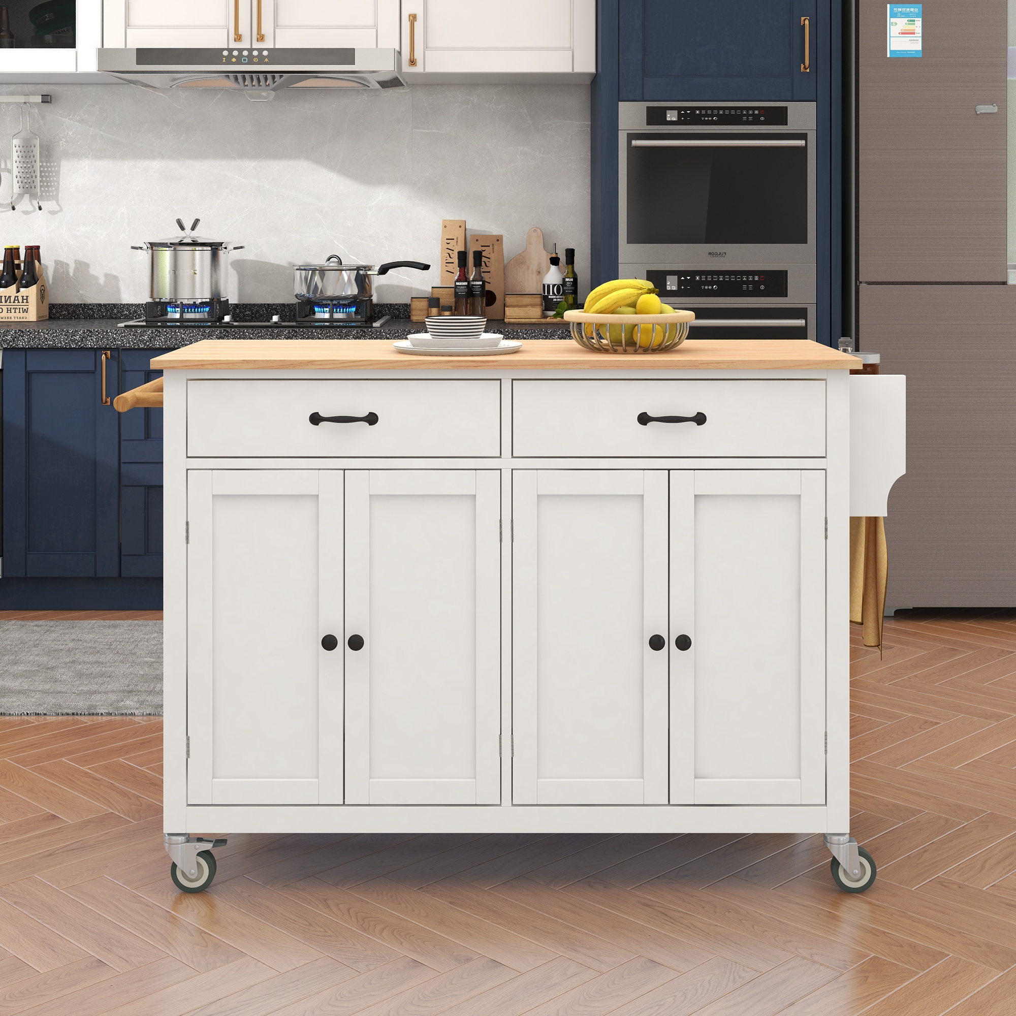 Kitchen Island Cart with Solid Wood Top and Locking Wheels,54.3 Inch Width,4 Door Cabinet and Two Drawers,Spice Rack, Towel Rack (White) - Image 2