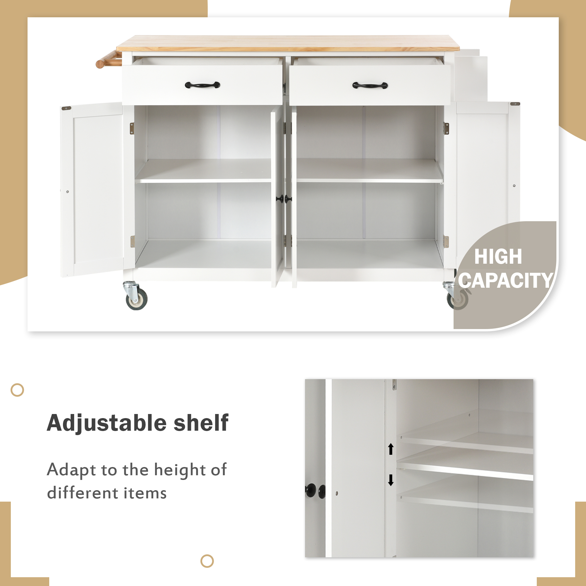 Kitchen Island Cart with Solid Wood Top and Locking Wheels,54.3 Inch Width,4 Door Cabinet and Two Drawers,Spice Rack, Towel Rack (White) - Image 3