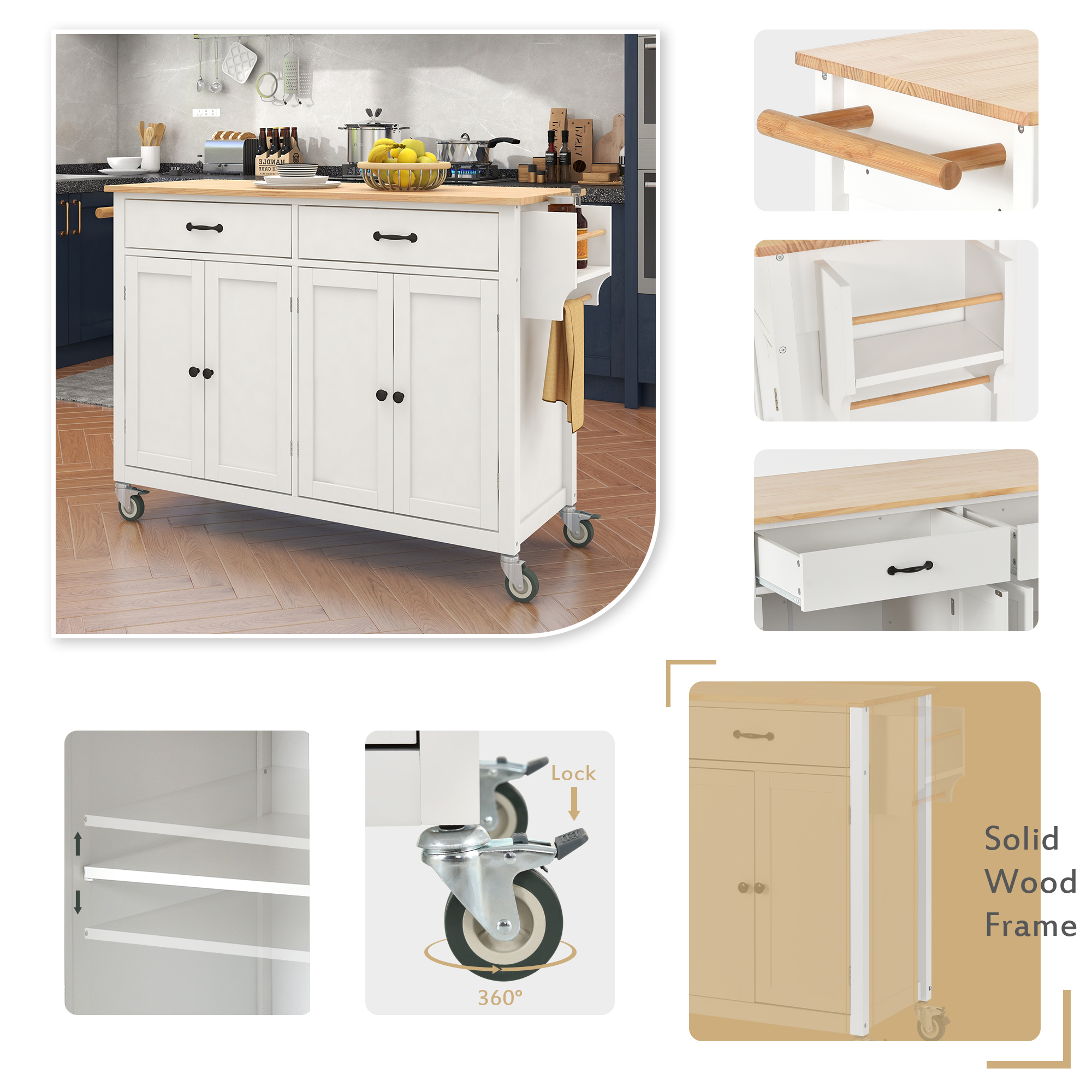 Kitchen Island Cart with Solid Wood Top and Locking Wheels,54.3 Inch Width,4 Door Cabinet and Two Drawers,Spice Rack, Towel Rack (White) - Image 4