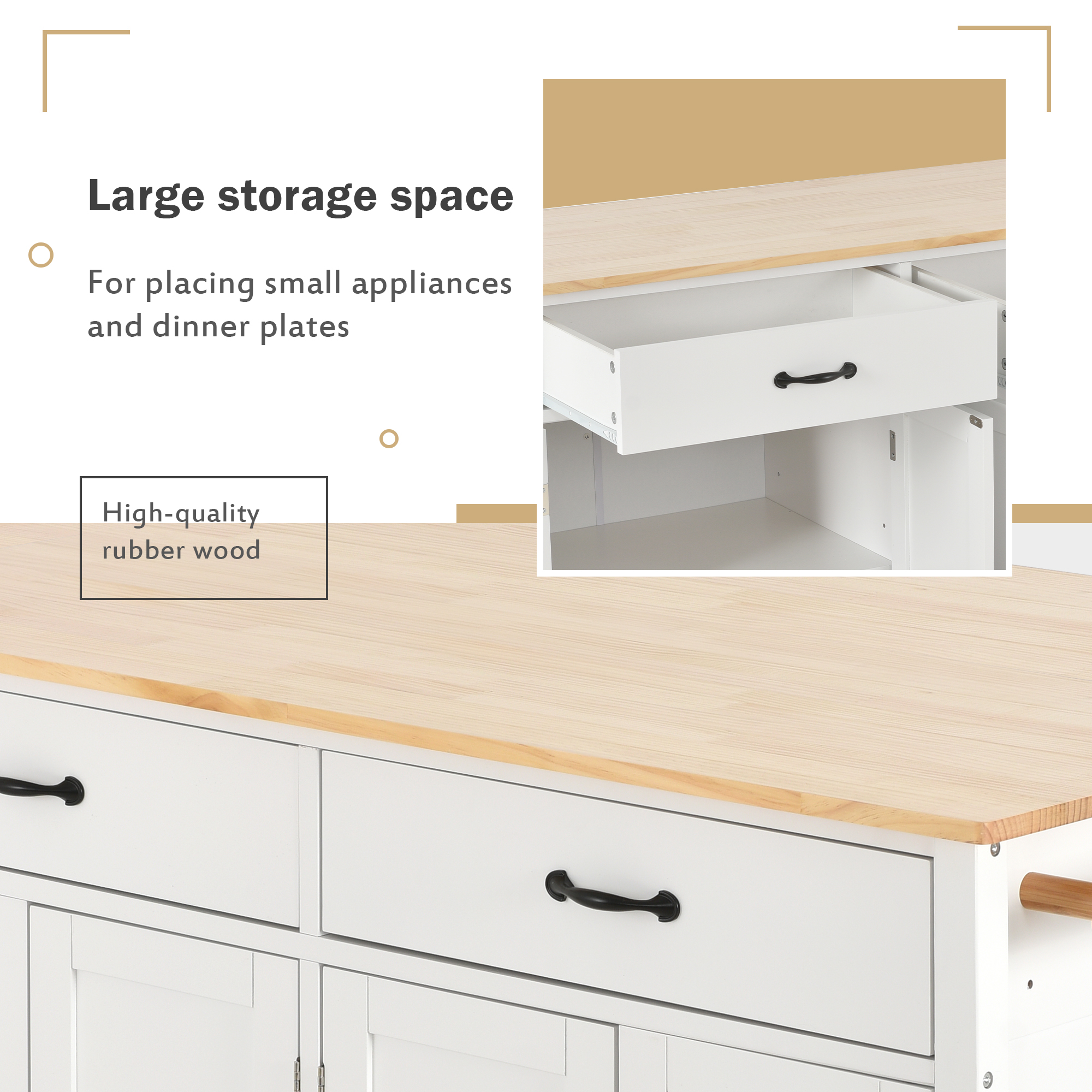 Kitchen Island Cart with Solid Wood Top and Locking Wheels,54.3 Inch Width,4 Door Cabinet and Two Drawers,Spice Rack, Towel Rack (White) - Image 6
