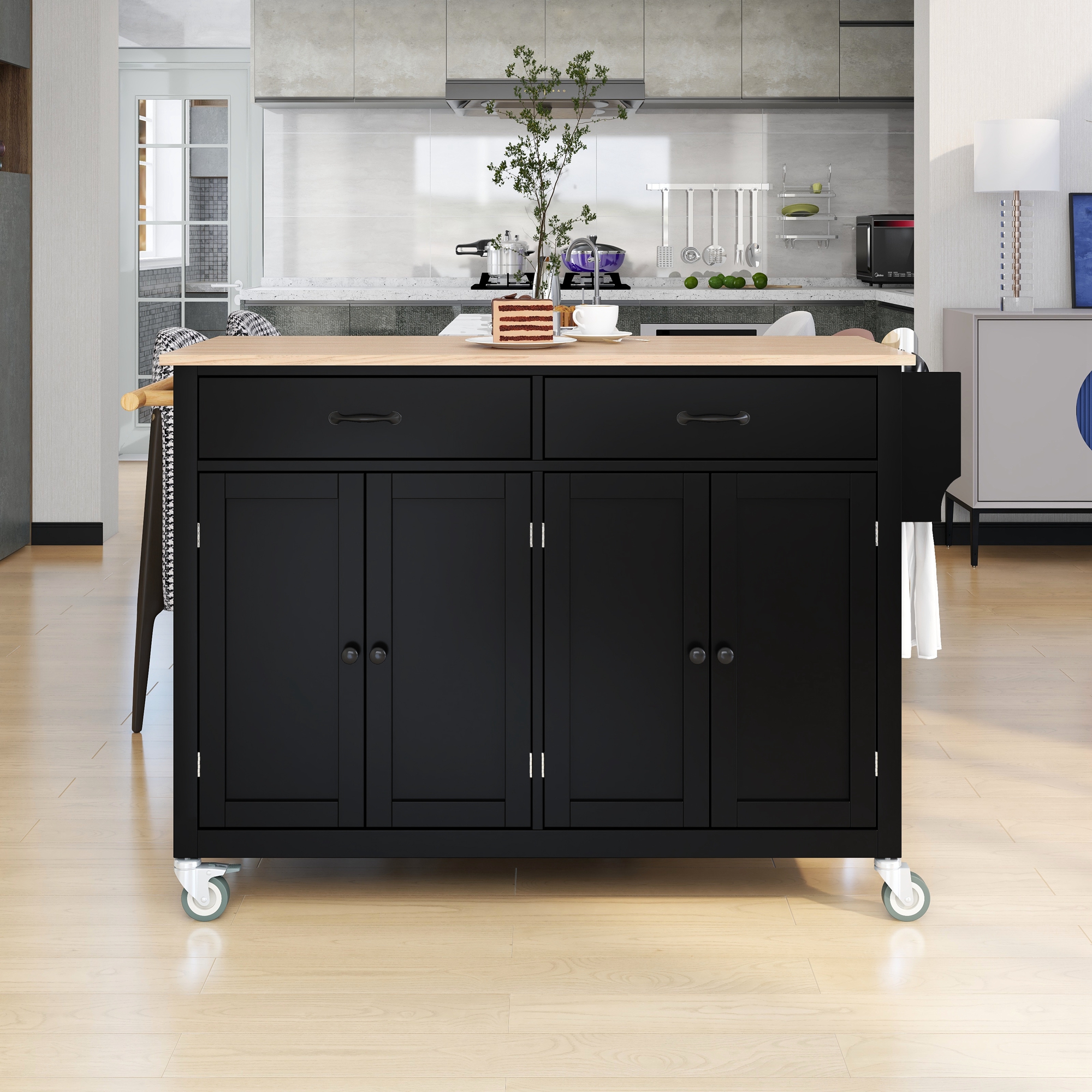 Kitchen Island Cart with Solid Wood Top and Locking Wheels,54.3 Inch Width,4 Door Cabinet and Two Drawers,Spice Rack, Towel Rack (Black) - Image 2