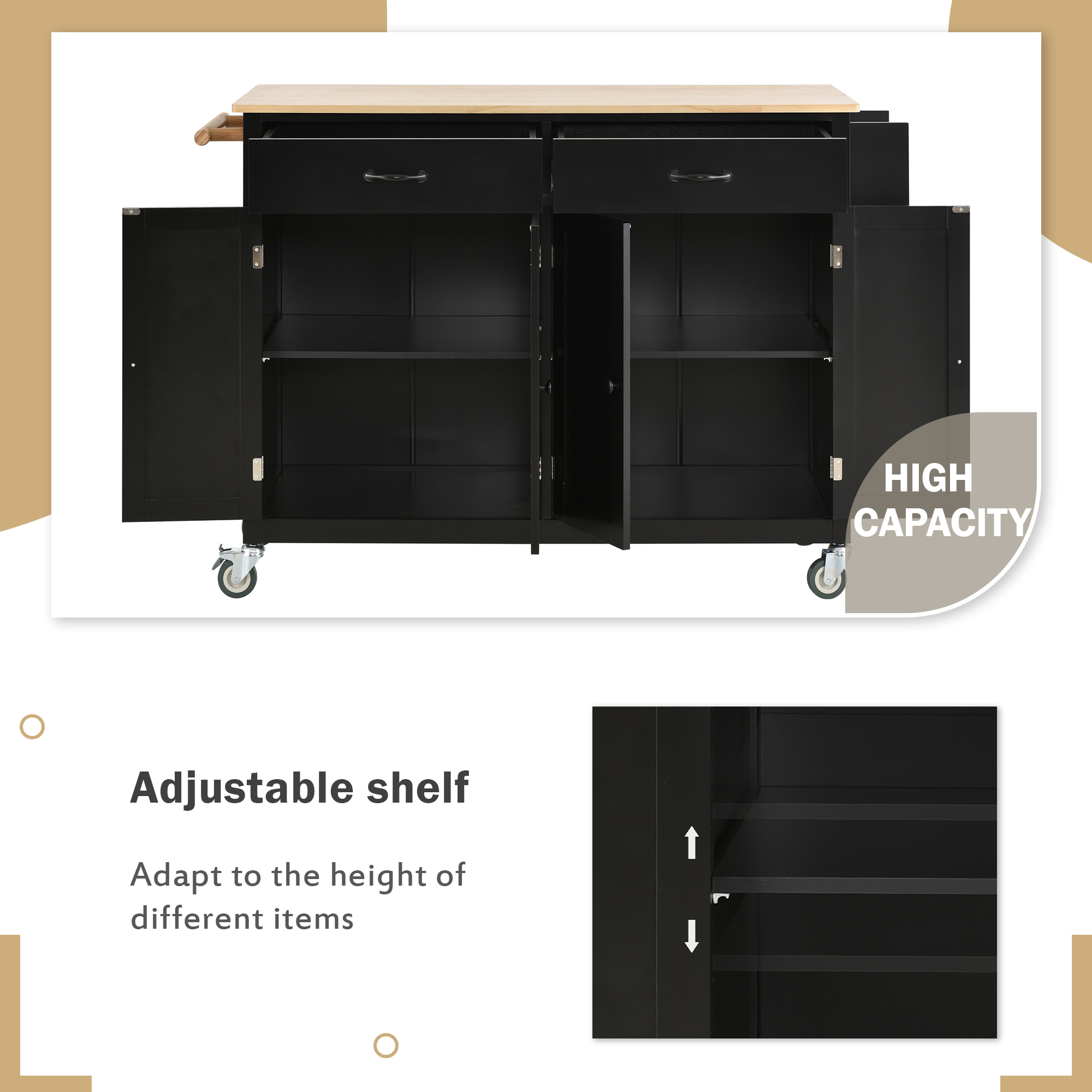 Kitchen Island Cart with Solid Wood Top and Locking Wheels,54.3 Inch Width,4 Door Cabinet and Two Drawers,Spice Rack, Towel Rack (Black) - Image 3
