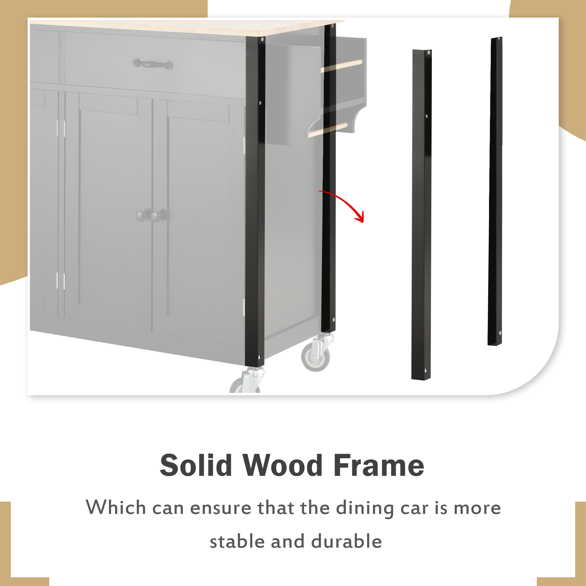 Kitchen Island Cart with Solid Wood Top and Locking Wheels,54.3 Inch Width,4 Door Cabinet and Two Drawers,Spice Rack, Towel Rack (Black) - Image 5