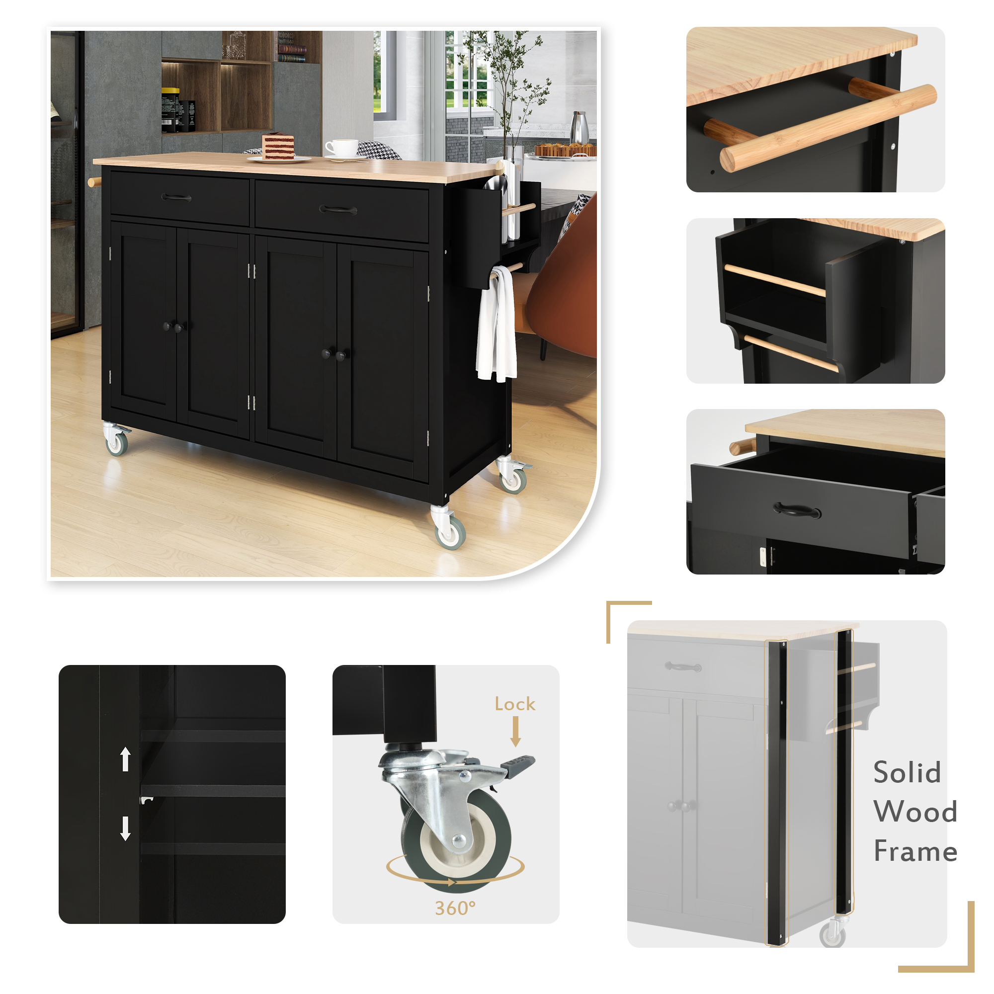 Kitchen Island Cart with Solid Wood Top and Locking Wheels,54.3 Inch Width,4 Door Cabinet and Two Drawers,Spice Rack, Towel Rack (Black) - Image 4