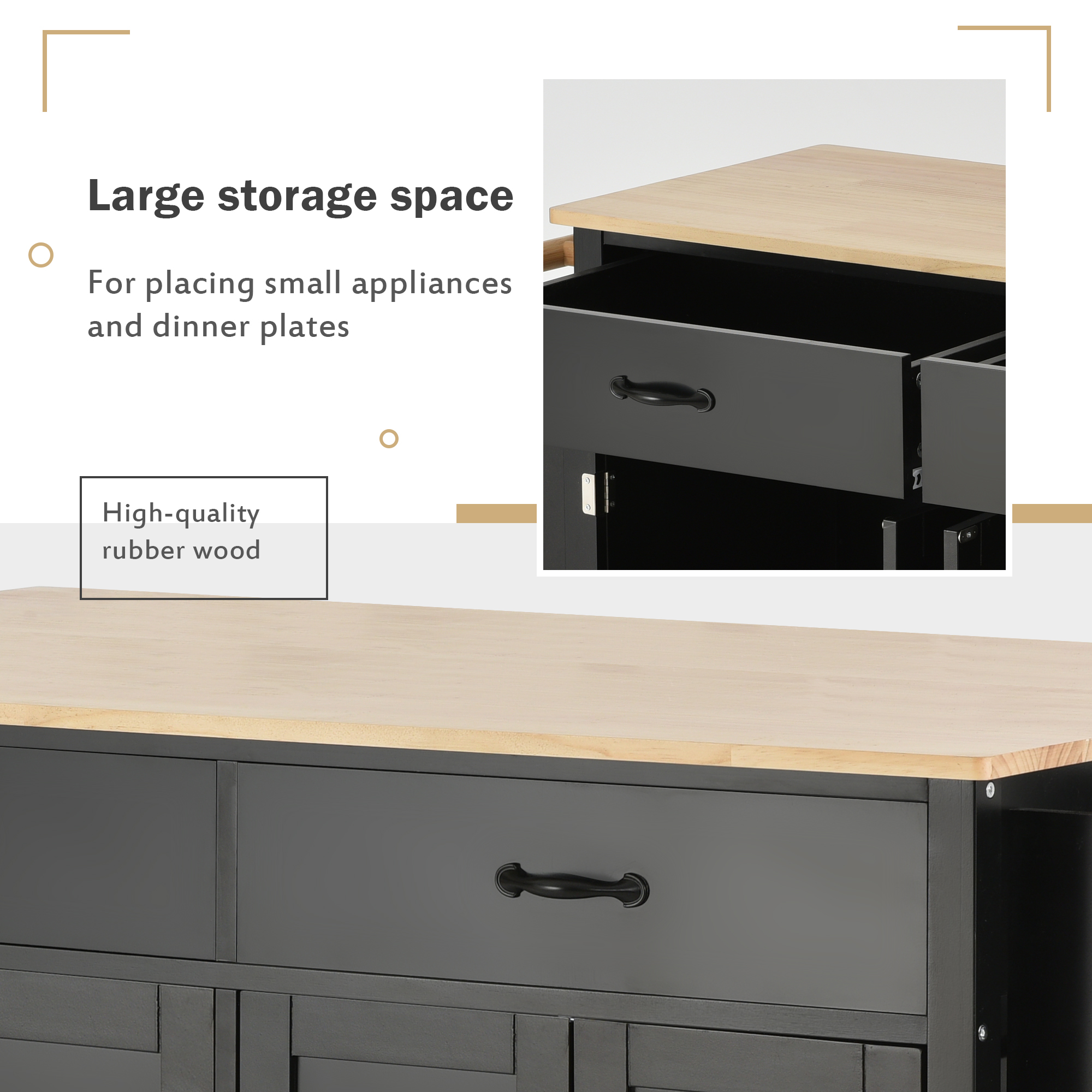 Kitchen Island Cart with Solid Wood Top and Locking Wheels,54.3 Inch Width,4 Door Cabinet and Two Drawers,Spice Rack, Towel Rack (Black) - Image 6
