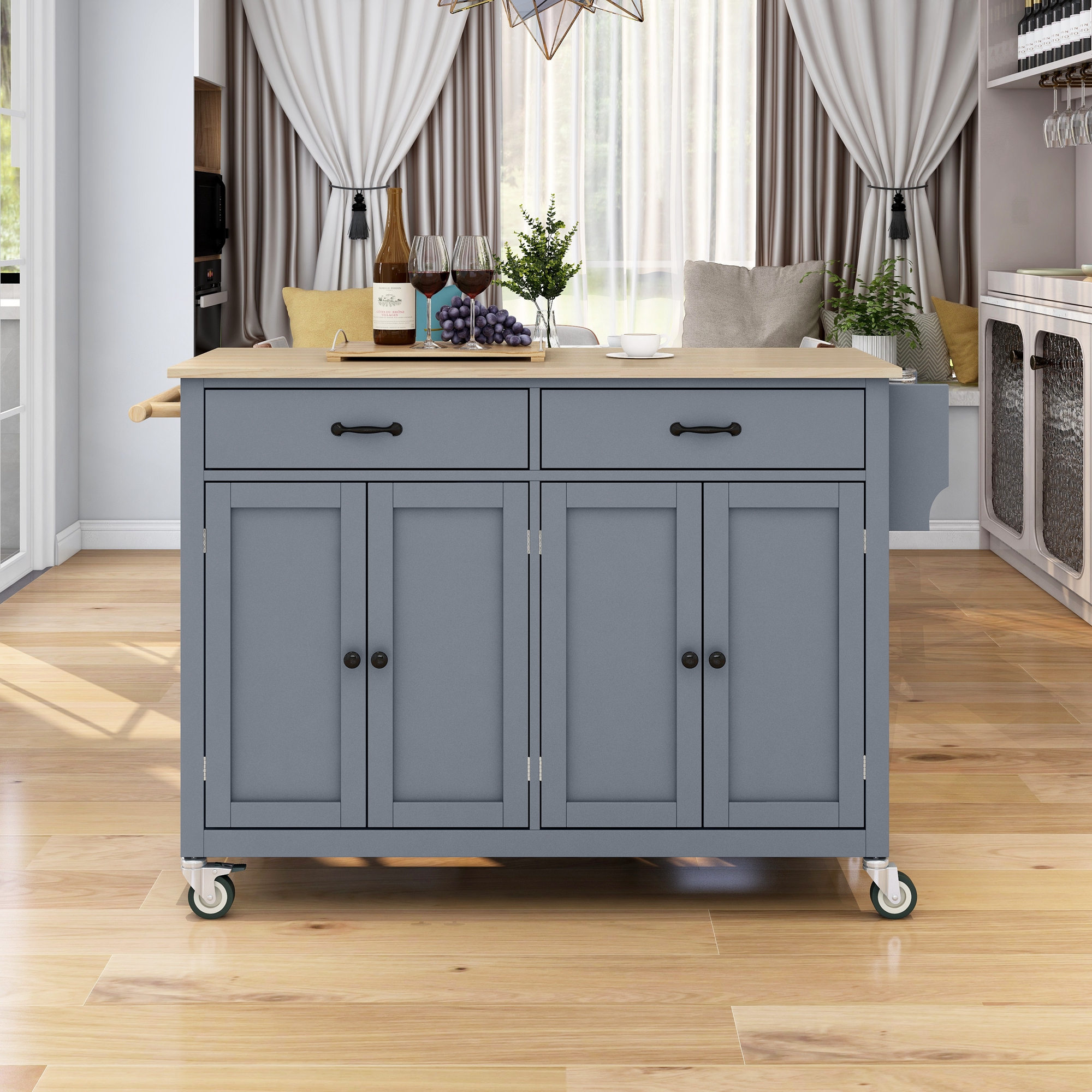 Kitchen Island Cart with Solid Wood Top and Locking Wheels,54.3 Inch Width,4 Door Cabinet and Two Drawers,Spice Rack, Towel Rack (Grey Blue) - Image 2