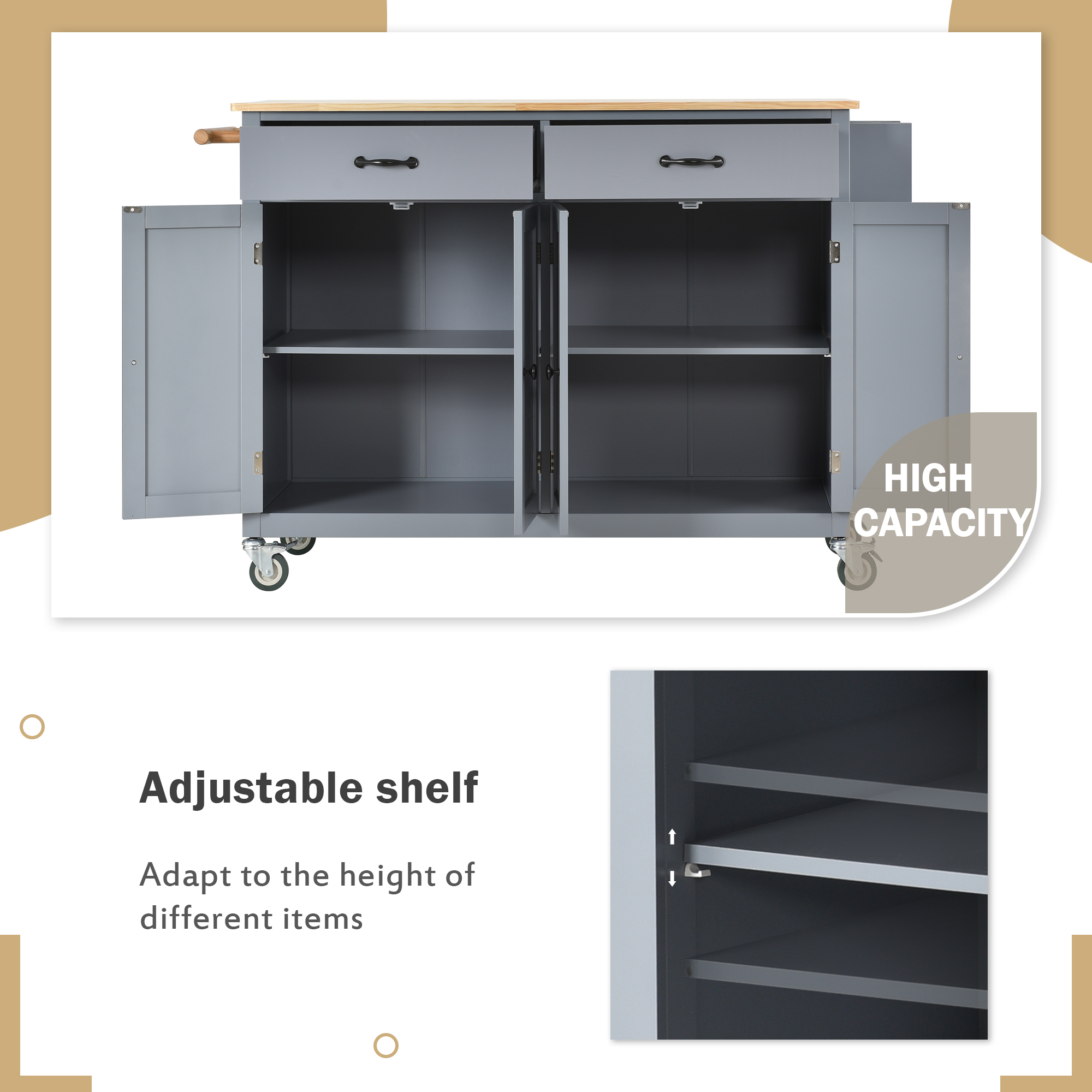 Kitchen Island Cart with Solid Wood Top and Locking Wheels,54.3 Inch Width,4 Door Cabinet and Two Drawers,Spice Rack, Towel Rack (Grey Blue) - Image 3
