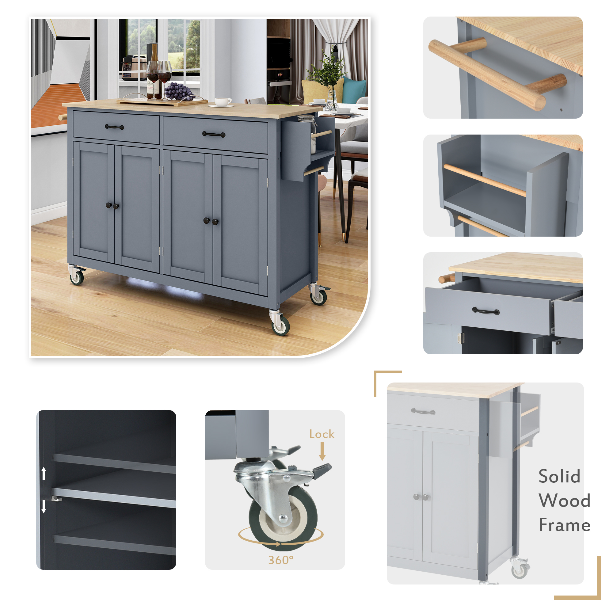 Kitchen Island Cart with Solid Wood Top and Locking Wheels,54.3 Inch Width,4 Door Cabinet and Two Drawers,Spice Rack, Towel Rack (Grey Blue) - Image 4