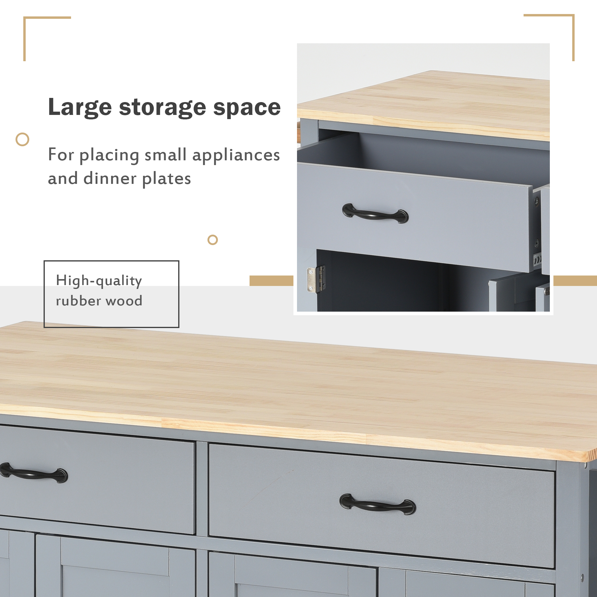 Kitchen Island Cart with Solid Wood Top and Locking Wheels,54.3 Inch Width,4 Door Cabinet and Two Drawers,Spice Rack, Towel Rack (Grey Blue) - Image 6