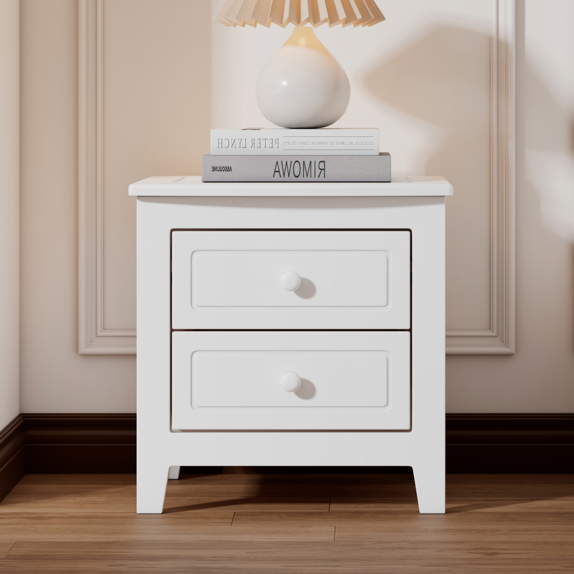 2-Drawer Nightstand for Bedroom, Mid Century Retro Bedside Table with Classic Design,White - Image 2