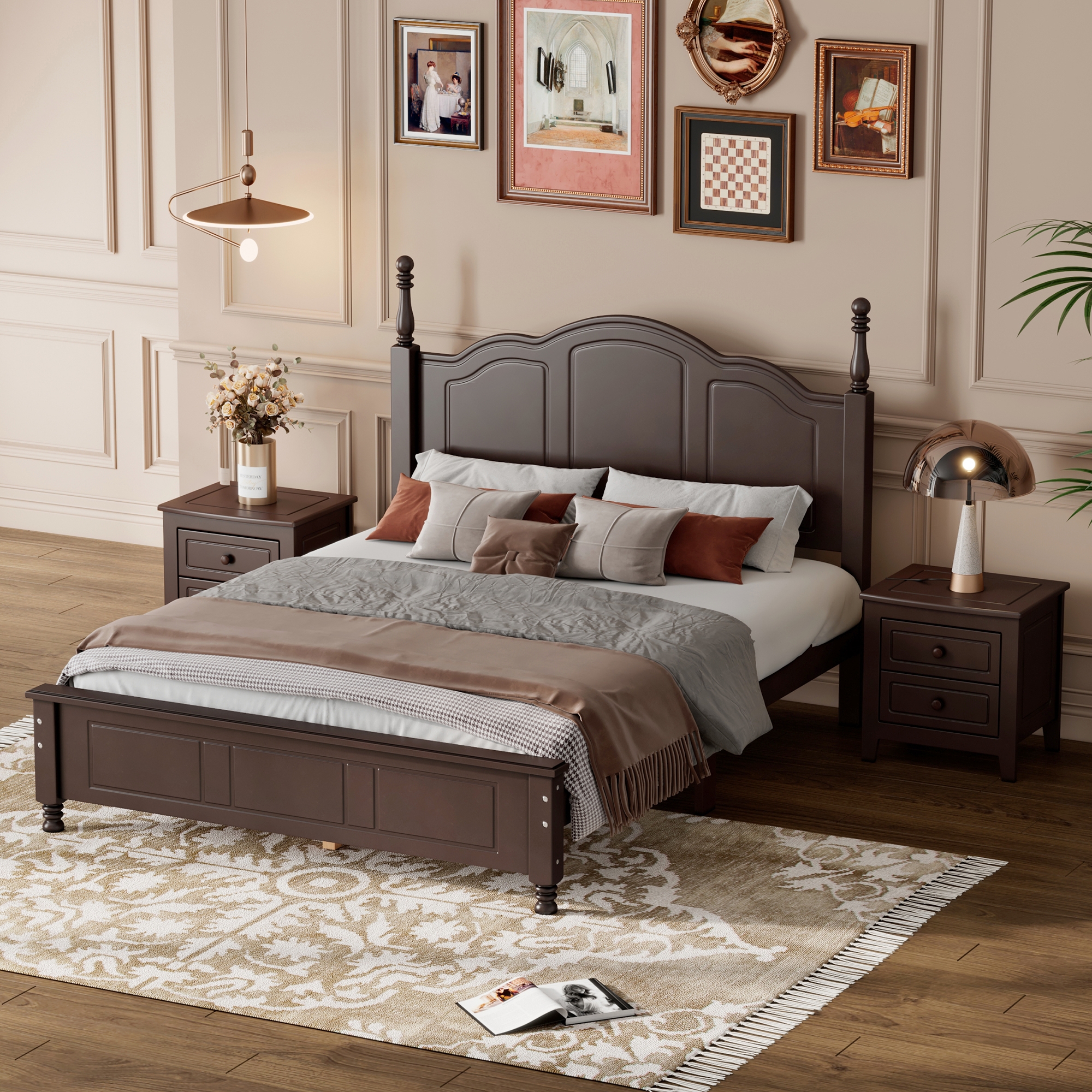 3-Pieces Bedroom Sets,Full Size Wood Platform Bed and Two Nightstands-Dark Walnut - Image 2