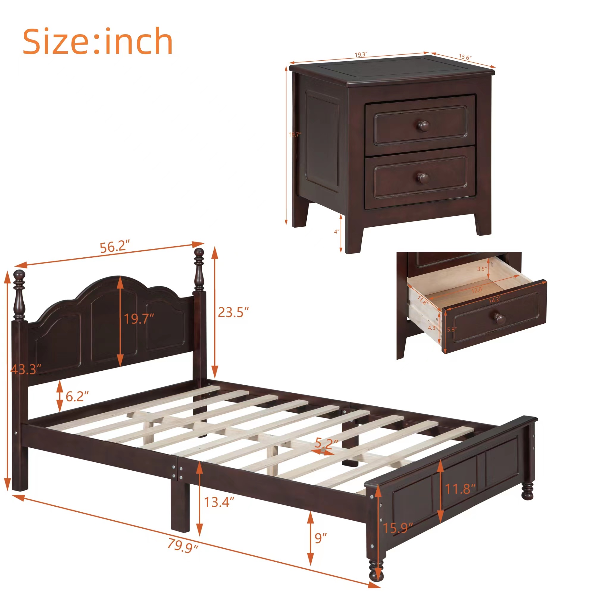 3-Pieces Bedroom Sets,Full Size Wood Platform Bed and Two Nightstands-Dark Walnut - Image 3