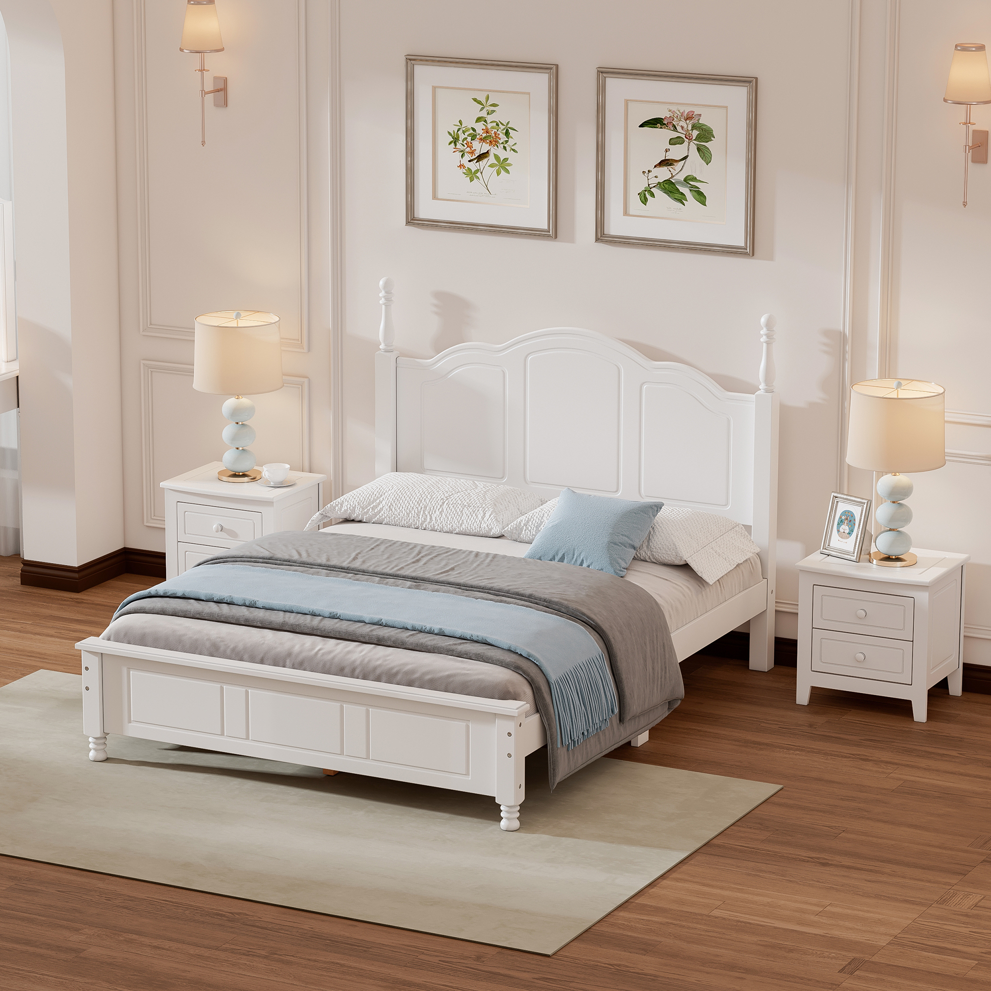 3-Pieces Bedroom Sets,Full Size Wood Platform Bed and Two Nightstands-White - Image 2