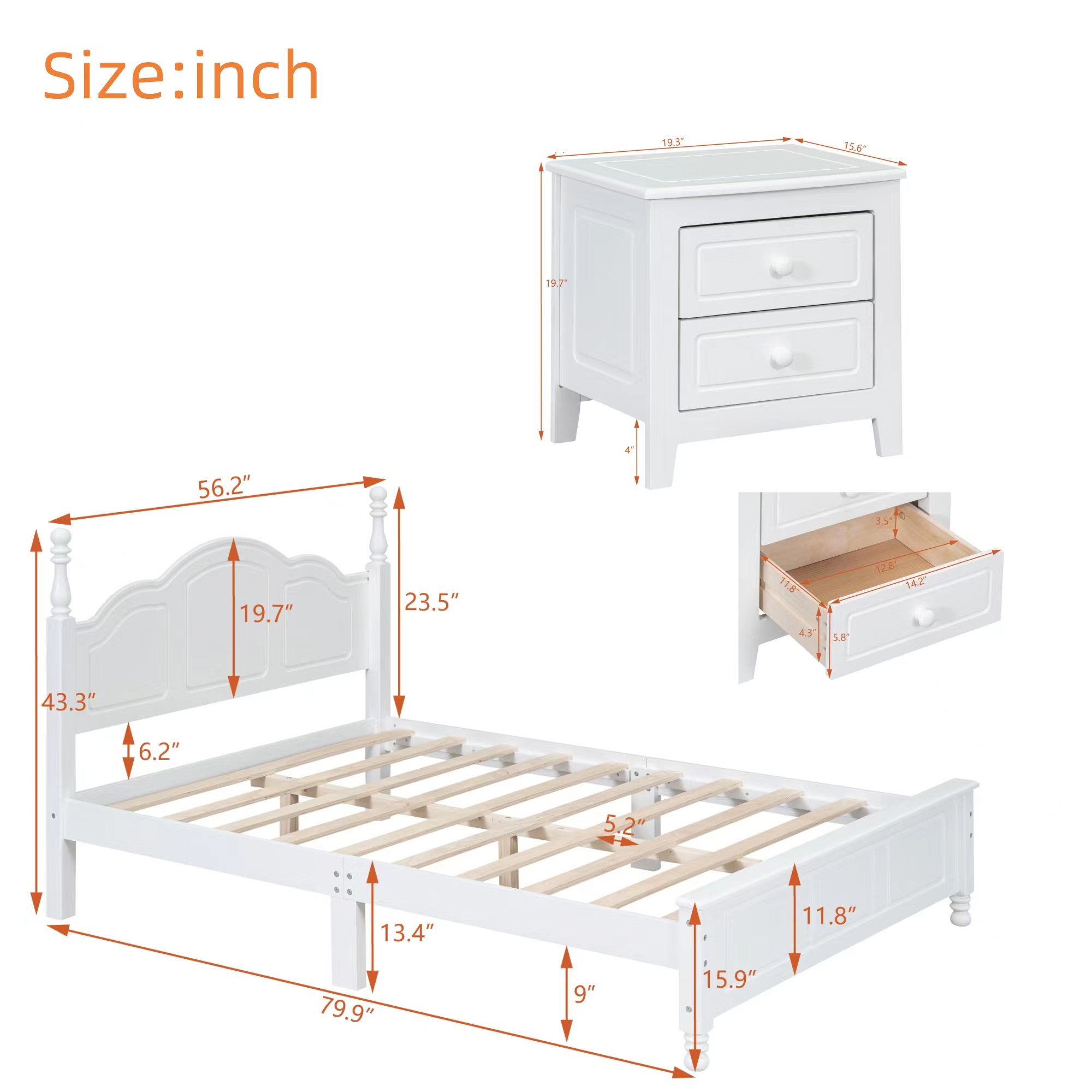 3-Pieces Bedroom Sets,Full Size Wood Platform Bed and Two Nightstands-White - Image 3