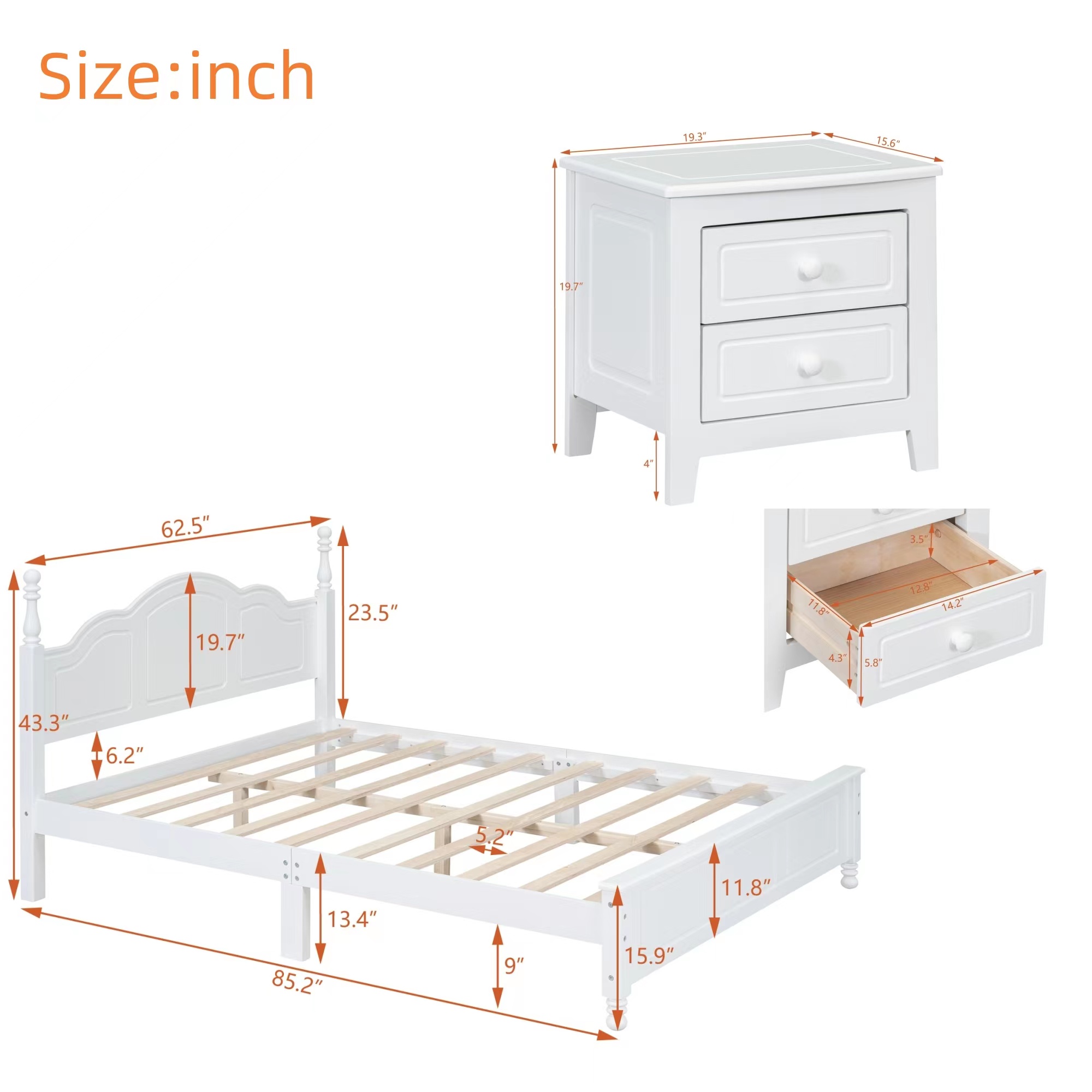 3-Pieces Bedroom Sets,Queen Size Wood Platform Bed and Two Nightstands-White - Image 3